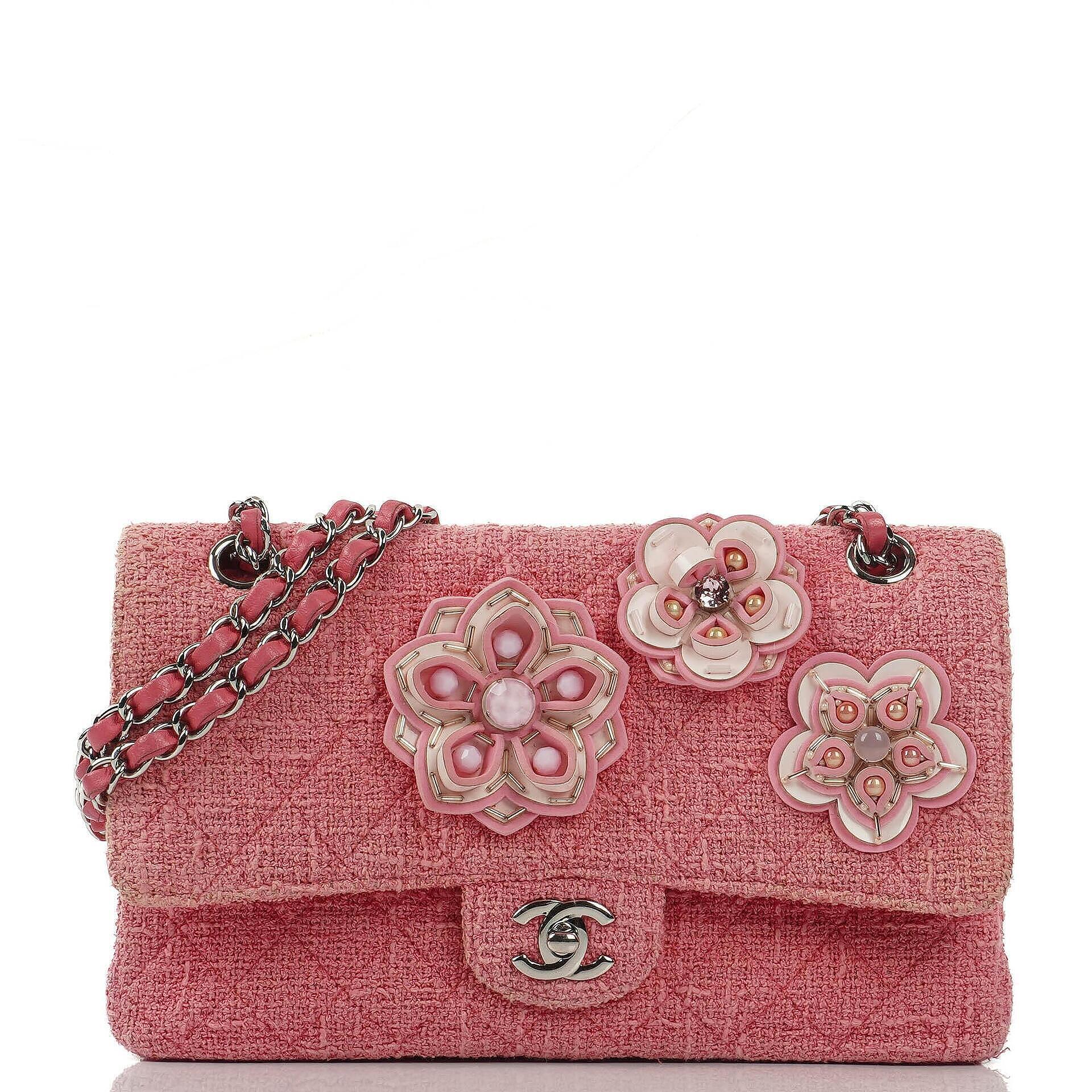 Chanel Classic Pink Tweed Crystal Bead Flower Embellished Quilted Medium Double Flap Bag With Silver Hardware