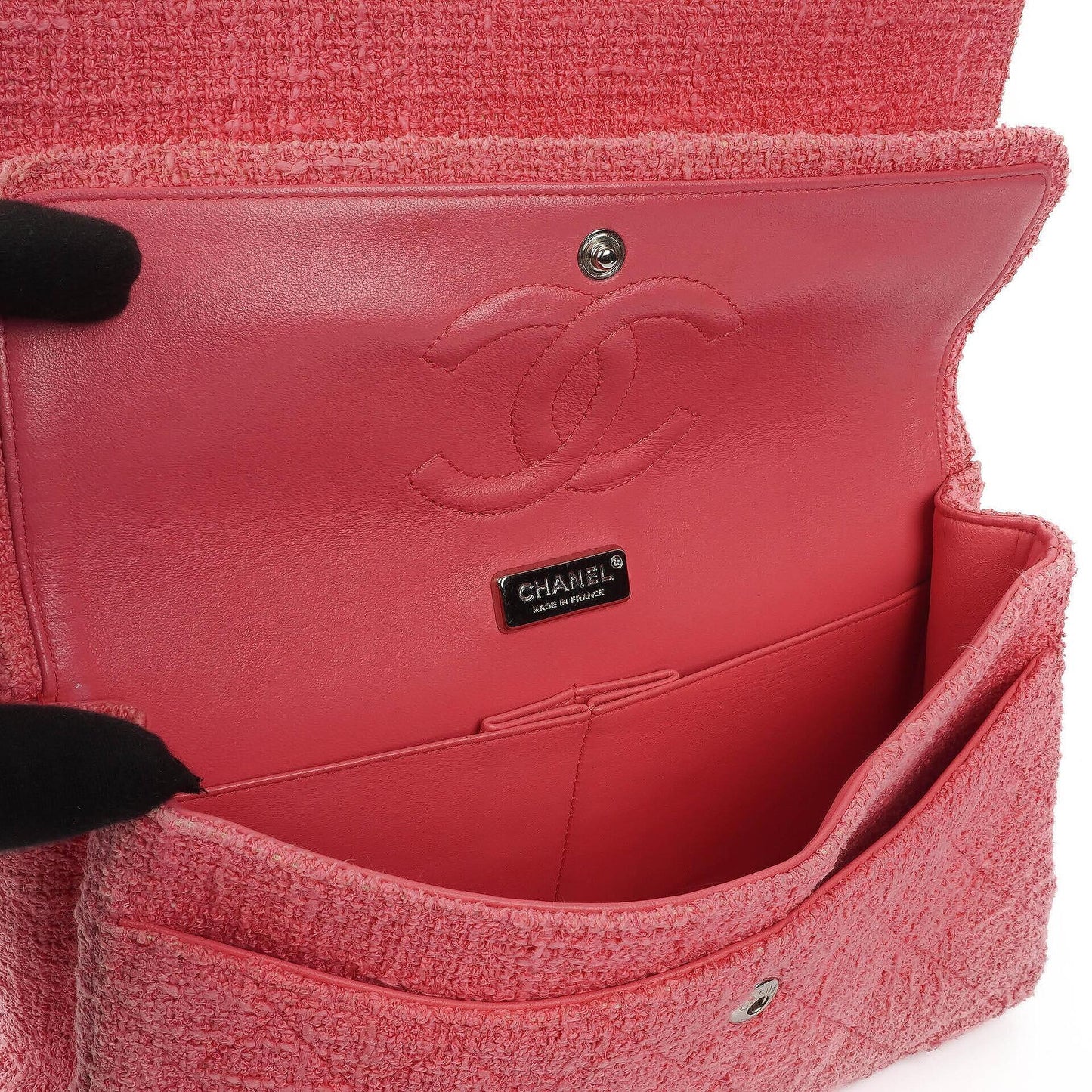 Chanel Classic Pink Tweed Crystal Bead Flower Embellished Quilted Medium Double Flap Bag With Silver Hardware