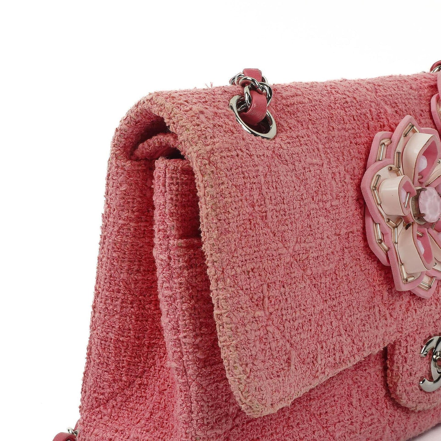 Chanel Classic Pink Tweed Crystal Bead Flower Embellished Quilted Medium Double Flap Bag With Silver Hardware