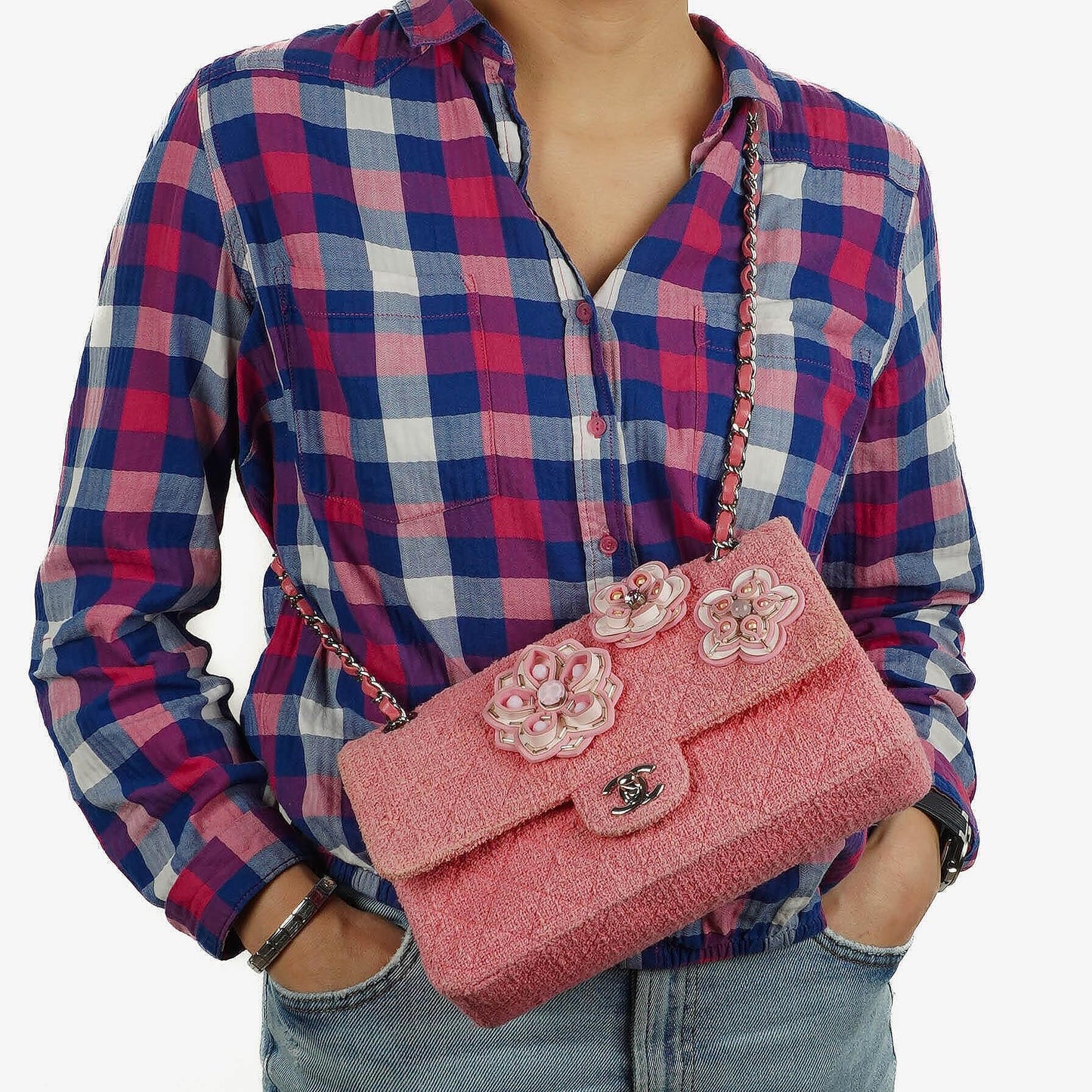 Chanel Classic Pink Tweed Crystal Bead Flower Embellished Quilted Medium Double Flap Bag With Silver Hardware