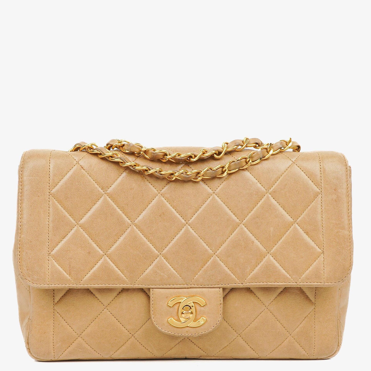 Chanel Classic Single Flap Bag Beige Quilted Lambskin 24K Gold-Plated Hardware