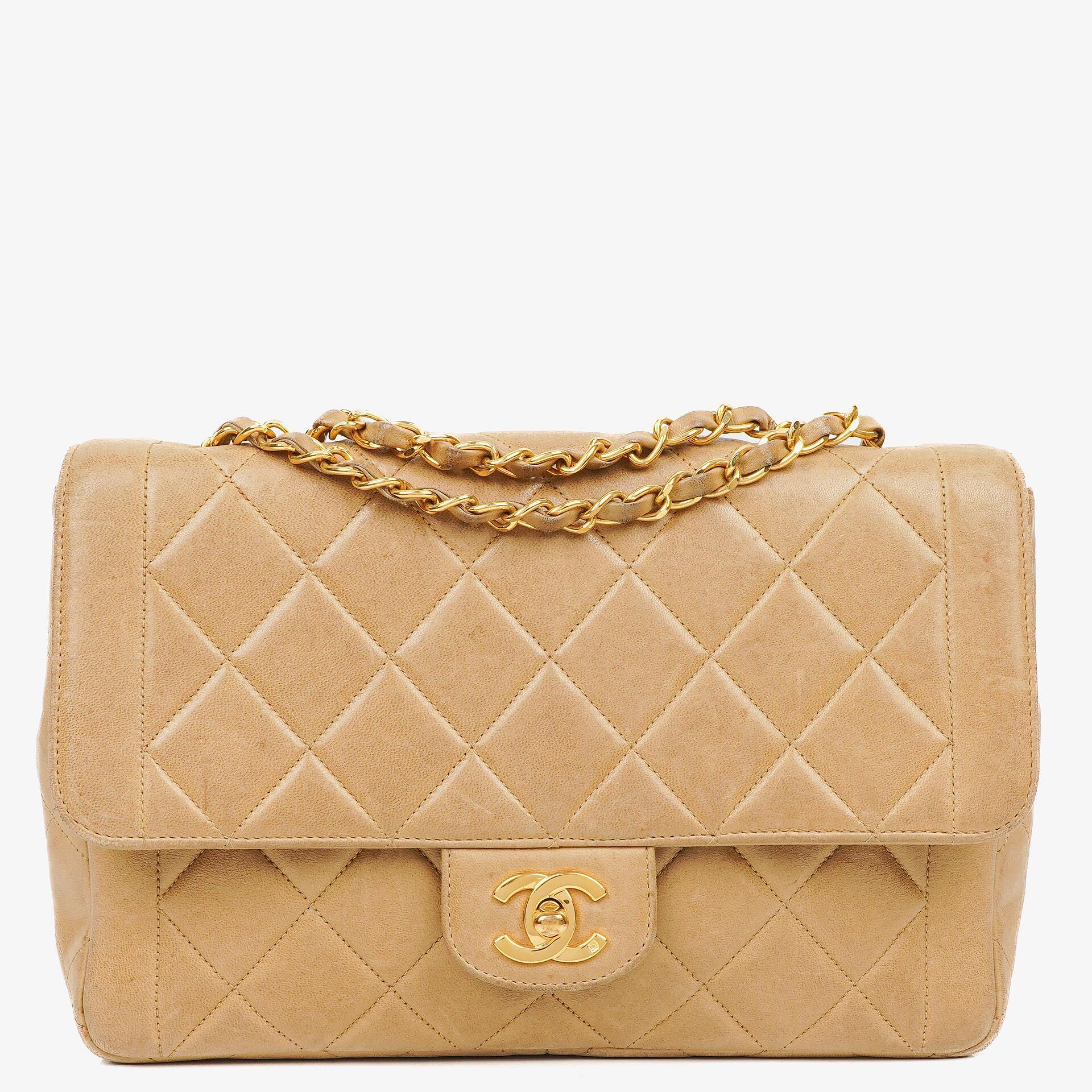 Chanel Classic Single Flap Bag Beige Quilted Lambskin 24K Gold-Plated Hardware