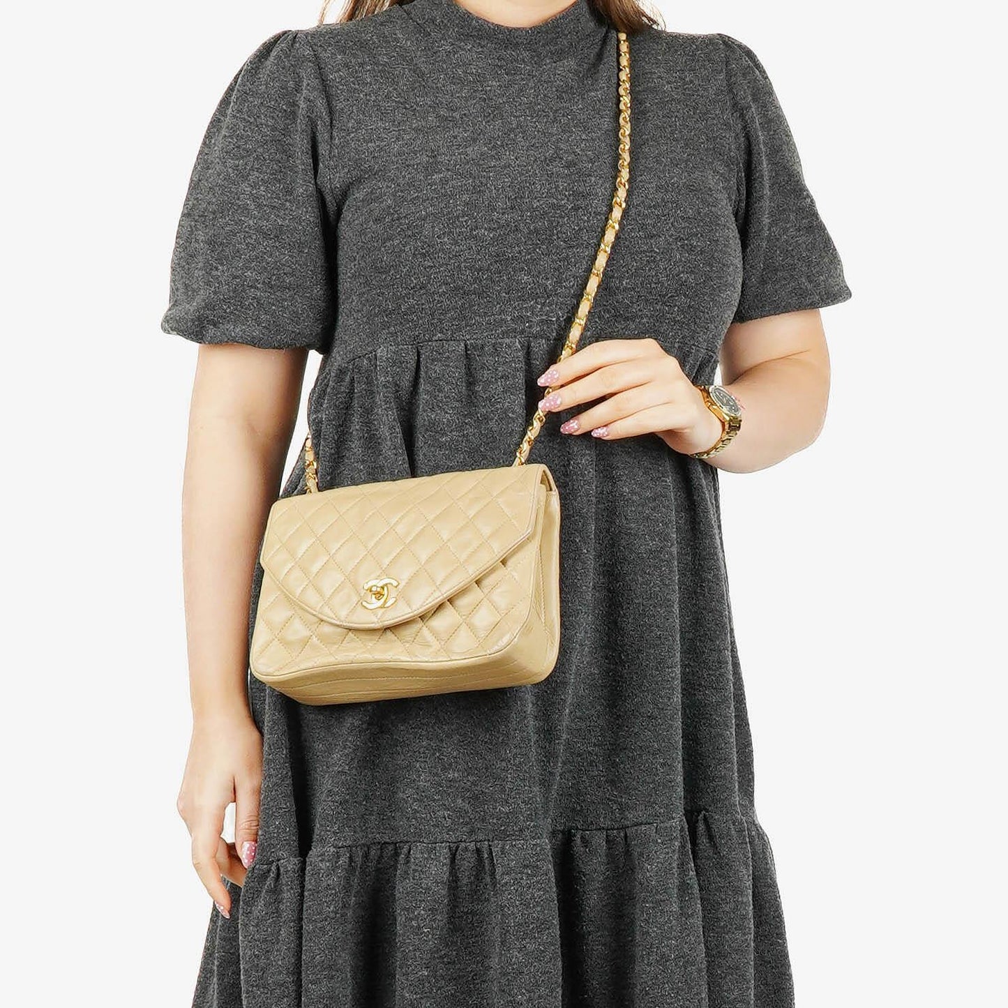 Chanel Classic Single Flap Bag Beige Quilted Lambskin With 24K Gold-Plated Hardware