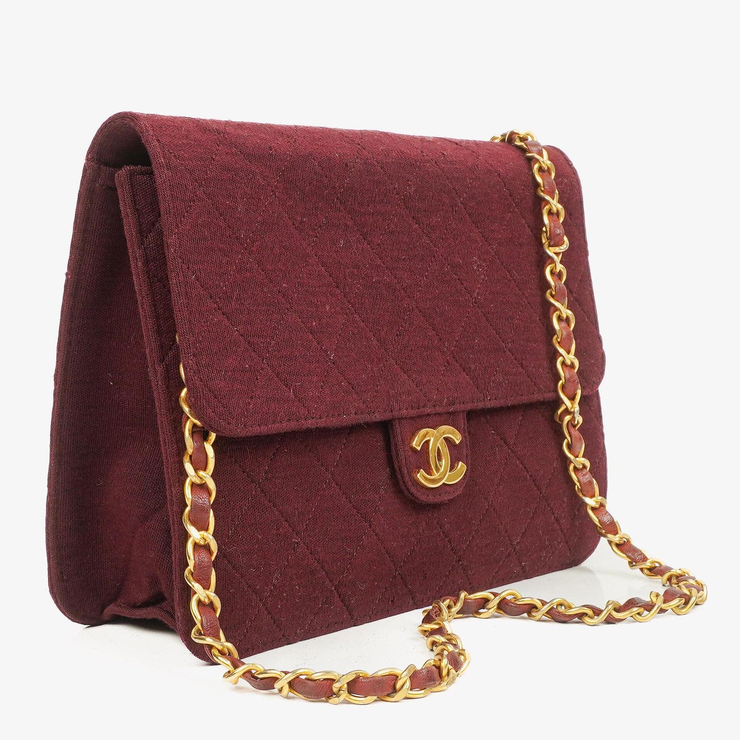 Chanel Classic Single Flap Bag Burgundy Quilted Jersey And Leather 24K Gold-Plated Hardware