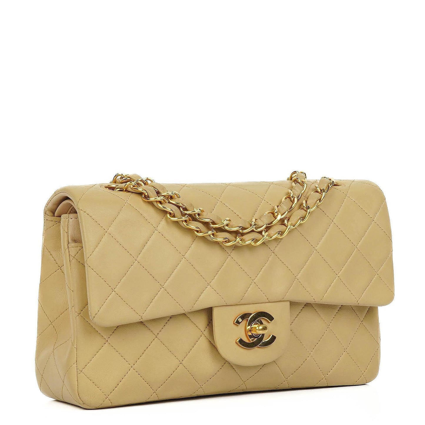 Chanel Classic Small Double Flap Bag In Beige Quilted Lambskin And 24K Gold-Plated Hardware