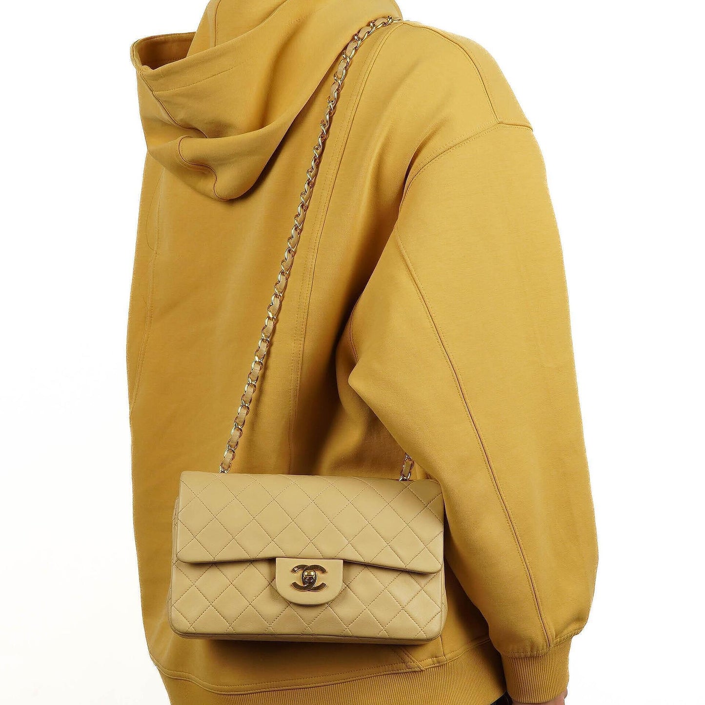 Chanel Classic Small Double Flap Bag In Beige Quilted Lambskin And 24K Gold-Plated Hardware