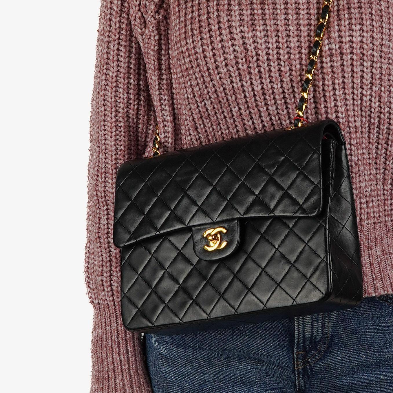 Chanel Classic Square Black Quilted Lambskin Double Flap Bag With 24K Gold-Plated Hardware, 1986-1988