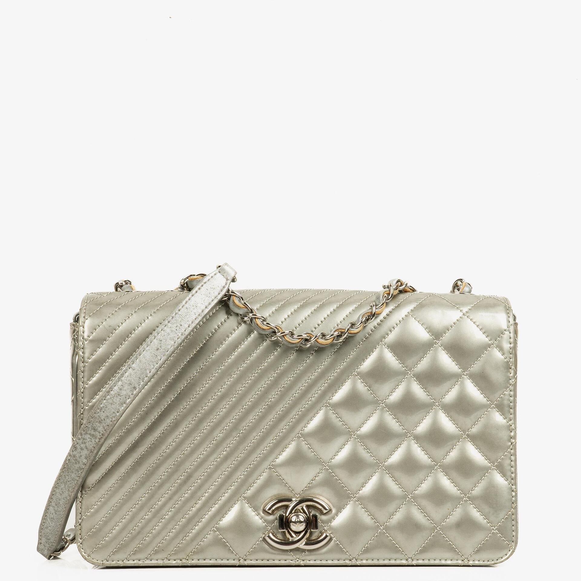 Chanel Coco Boy Flap Bag Silver Quilted Patent Leather