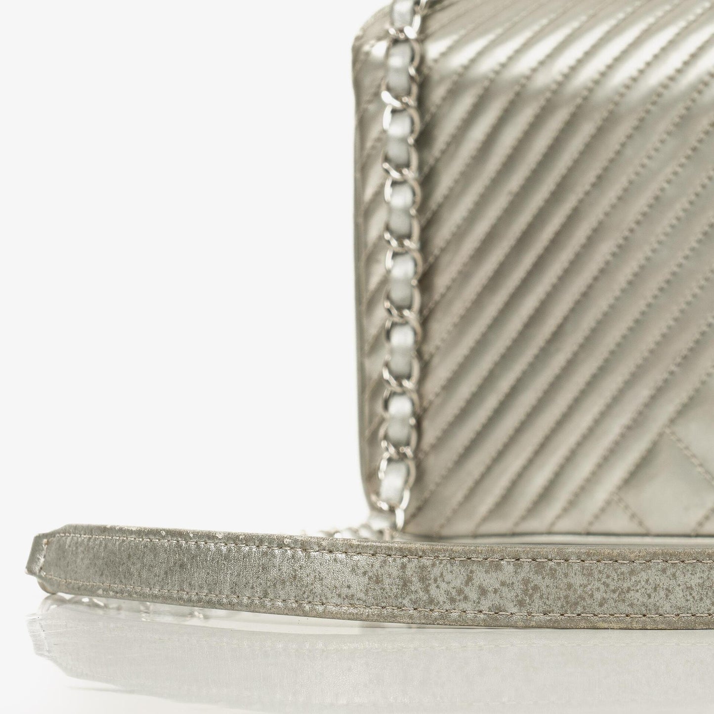Chanel Coco Boy Flap Bag Silver Quilted Patent Leather