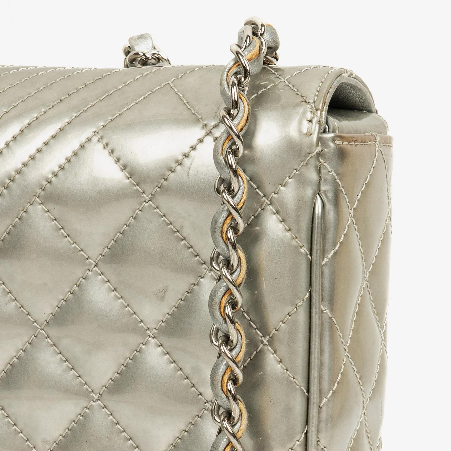 Chanel Coco Boy Flap Bag Silver Quilted Patent Leather