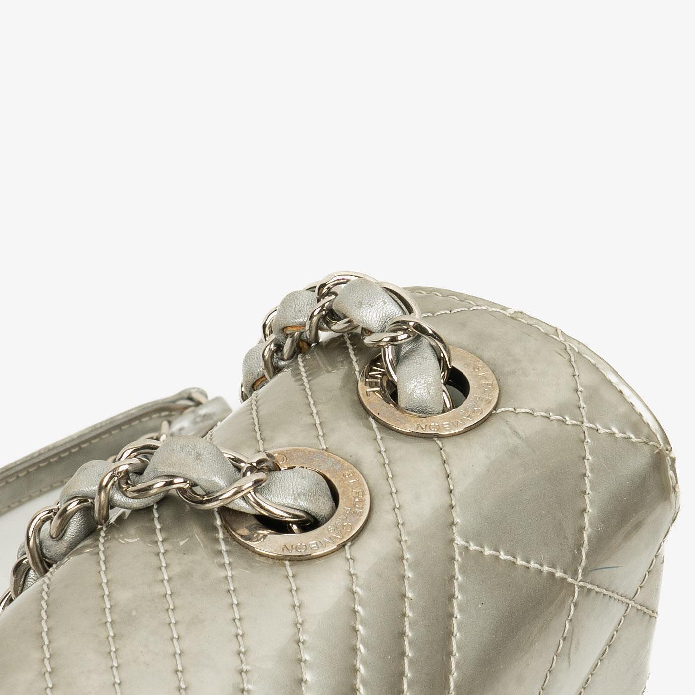 Chanel Coco Boy Flap Bag Silver Quilted Patent Leather