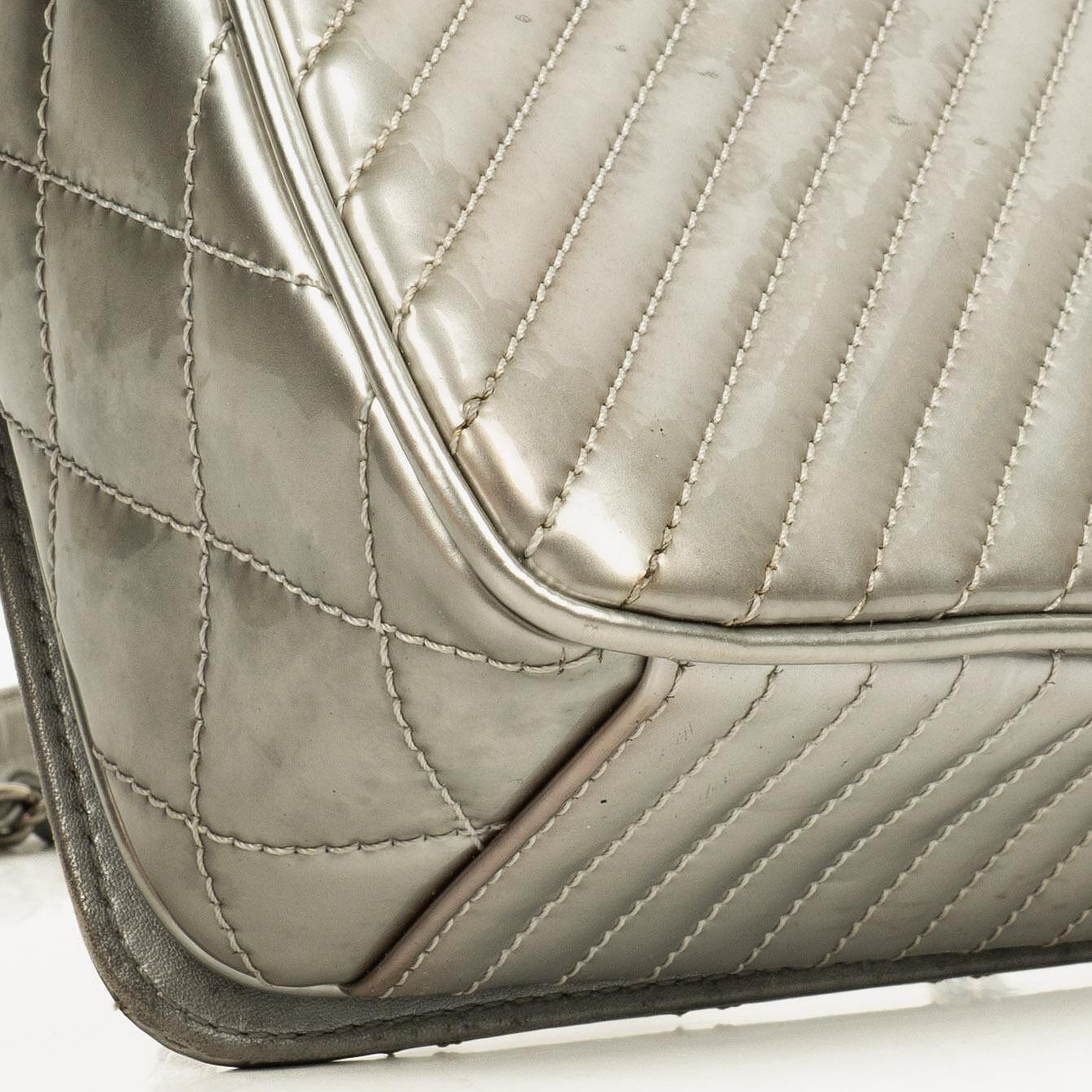 Chanel Coco Boy Flap Bag Silver Quilted Patent Leather