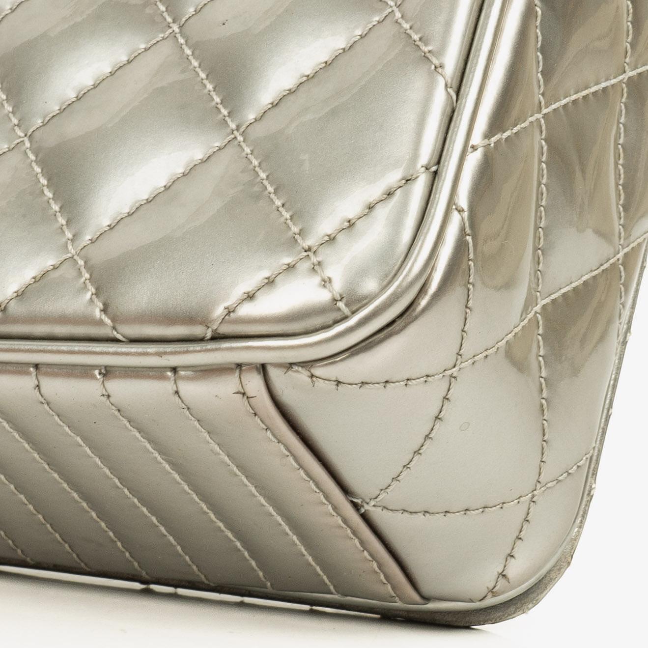 Chanel Coco Boy Flap Bag Silver Quilted Patent Leather