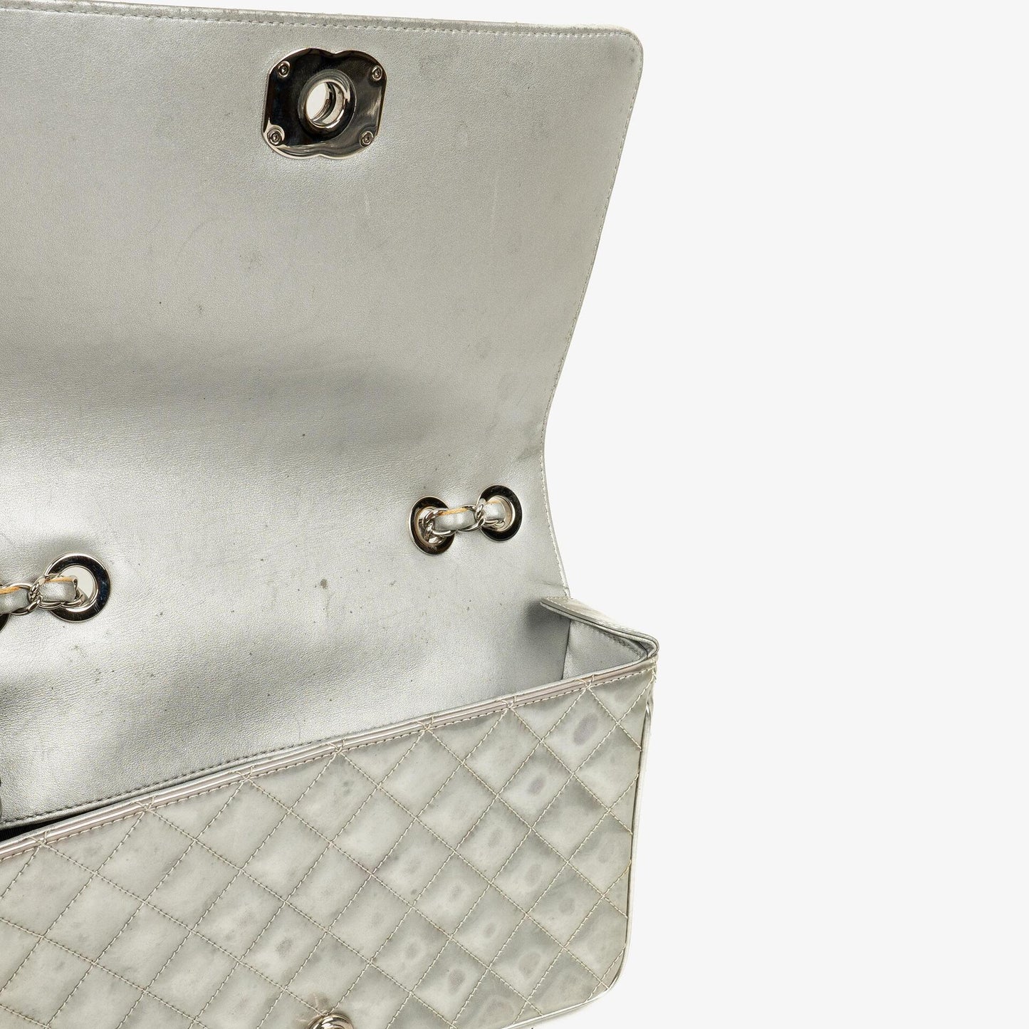 Chanel Coco Boy Flap Bag Silver Quilted Patent Leather