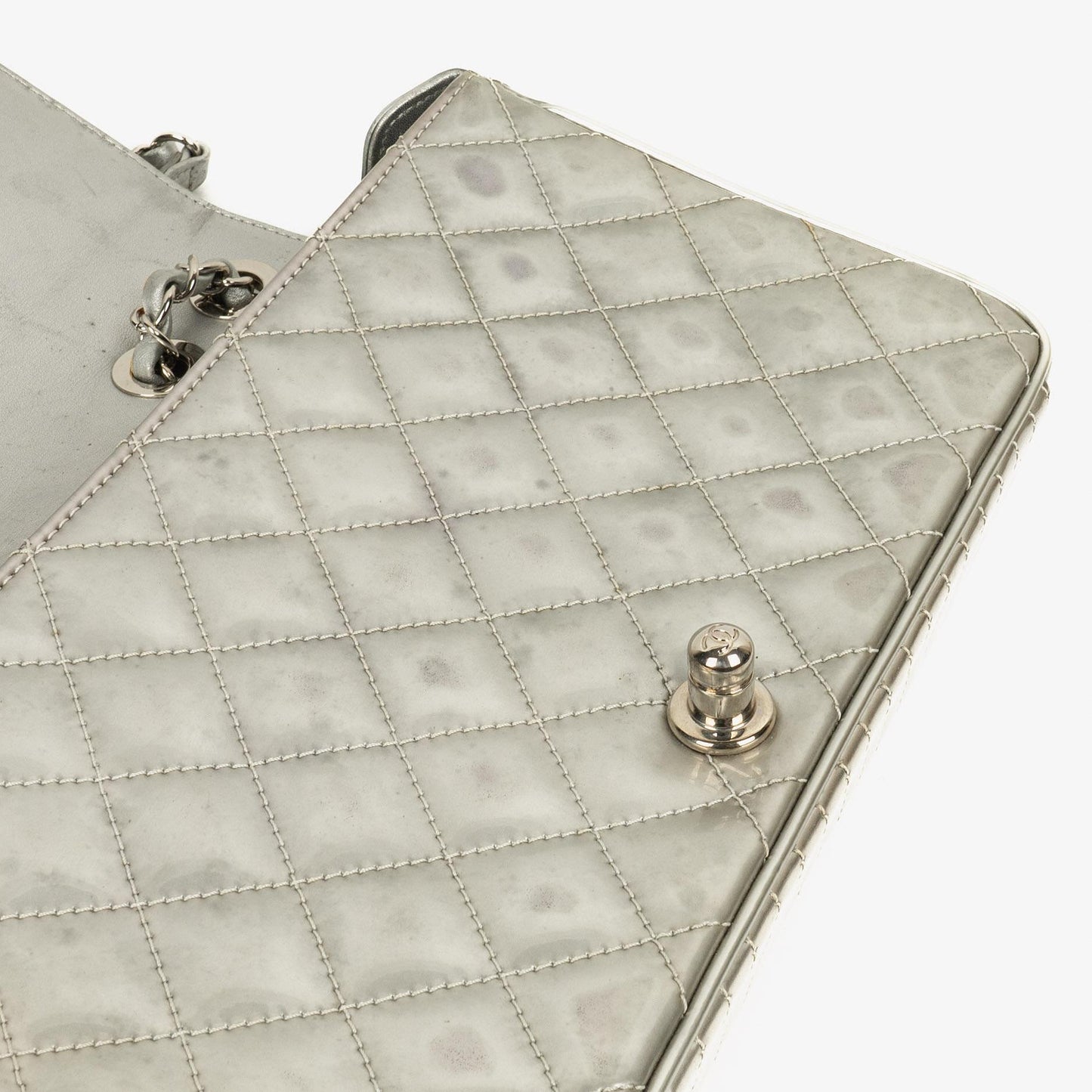 Chanel Coco Boy Flap Bag Silver Quilted Patent Leather