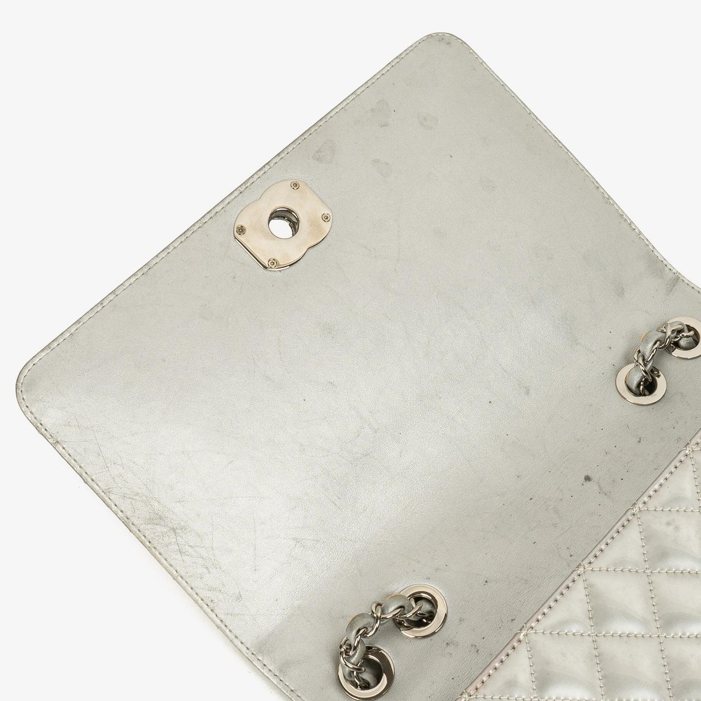 Chanel Coco Boy Flap Bag Silver Quilted Patent Leather