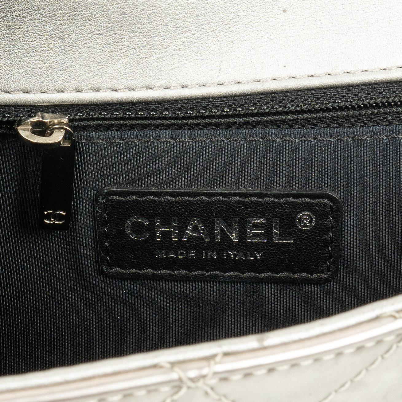 Chanel Coco Boy Flap Bag Silver Quilted Patent Leather