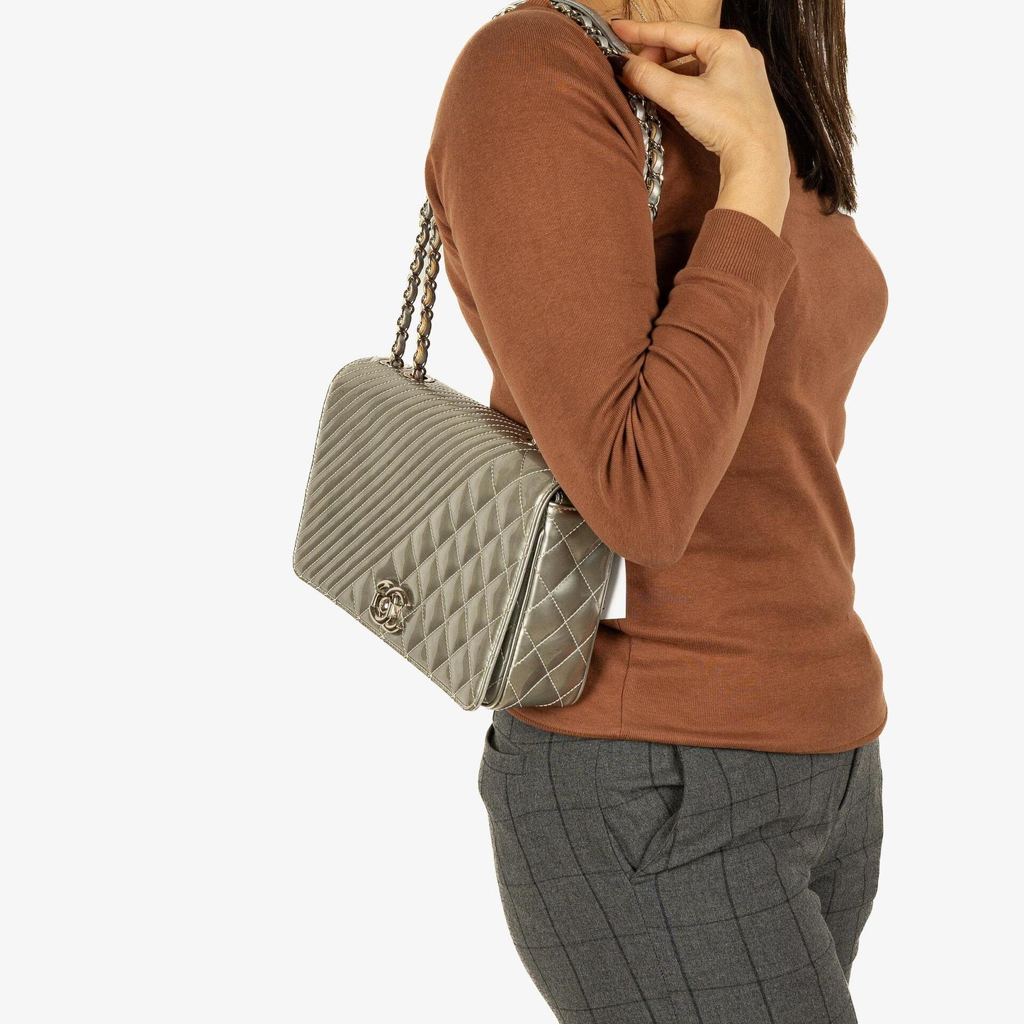 Chanel Coco Boy Flap Bag Silver Quilted Patent Leather