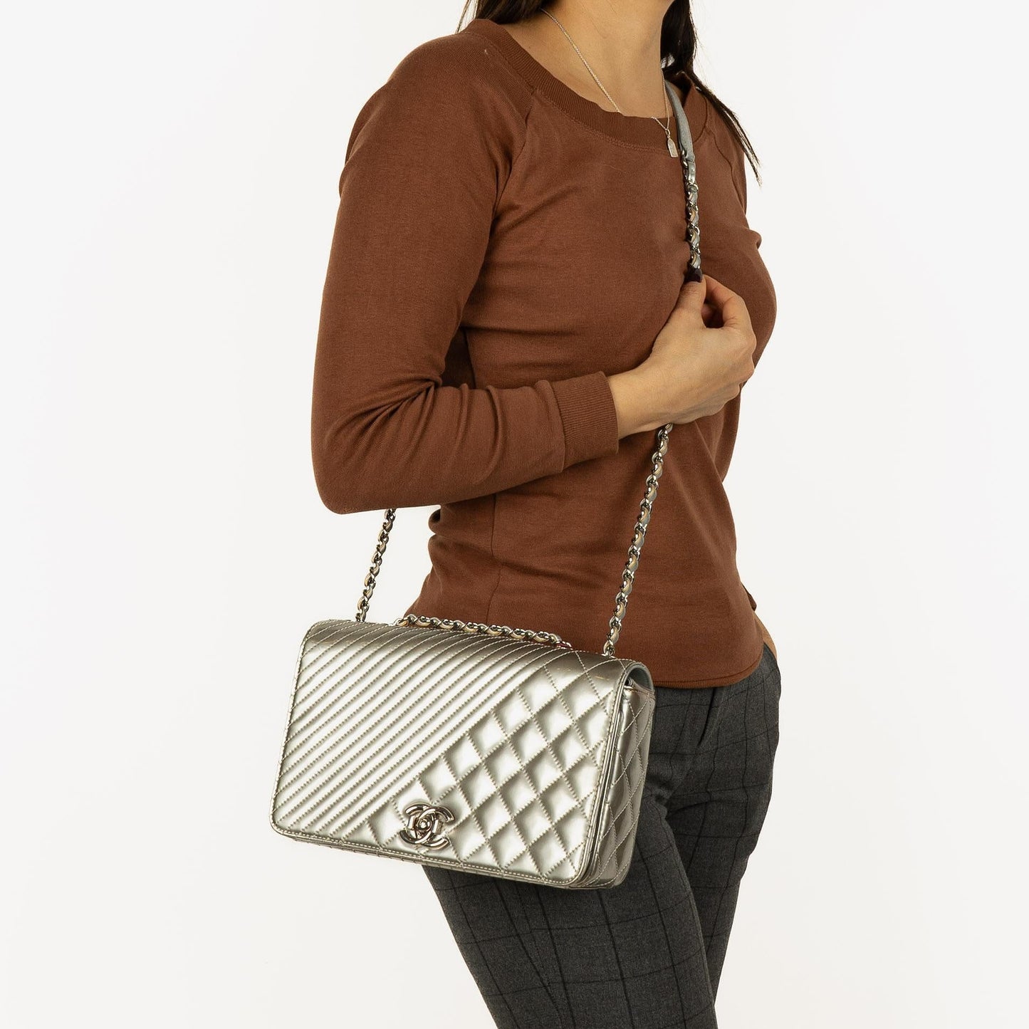 Chanel Coco Boy Flap Bag Silver Quilted Patent Leather