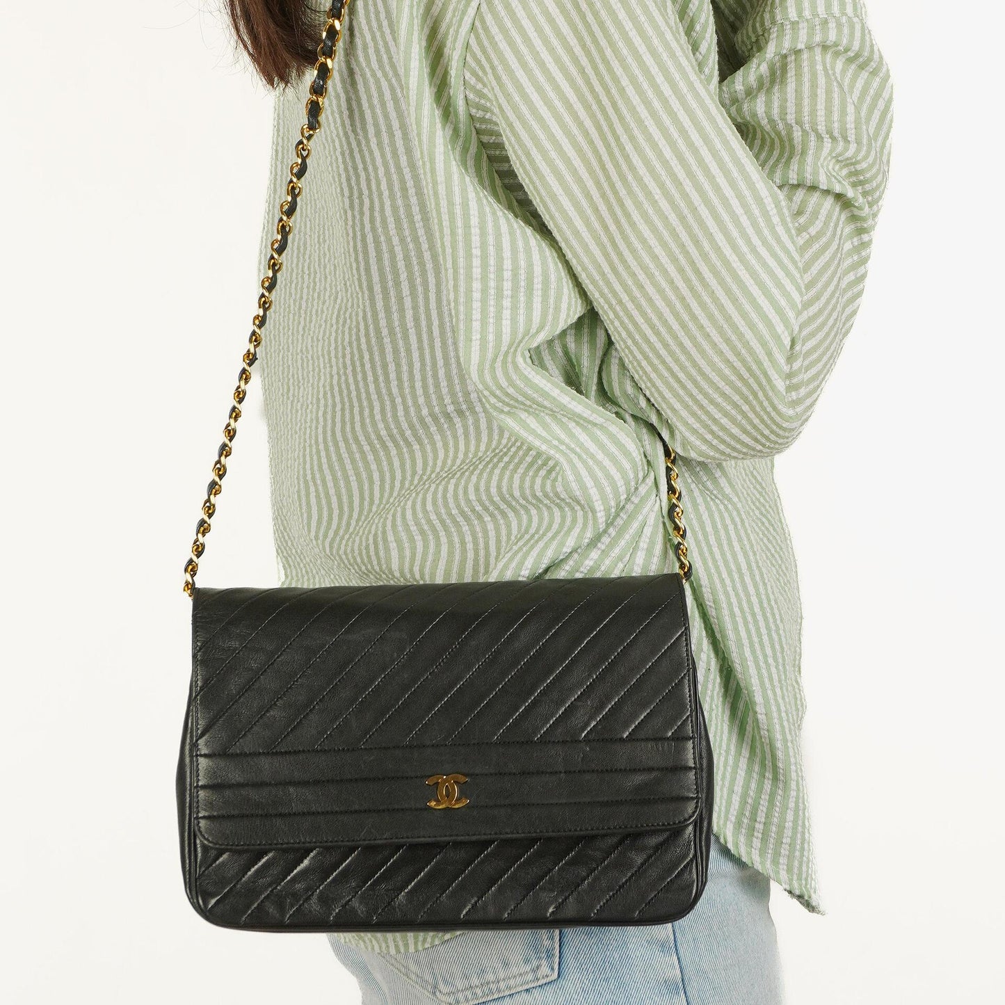 Chanel Diagonal Medium Classic Black Quilted Lambskin Single Flap Bag With 24K Gold-Plated Hardware