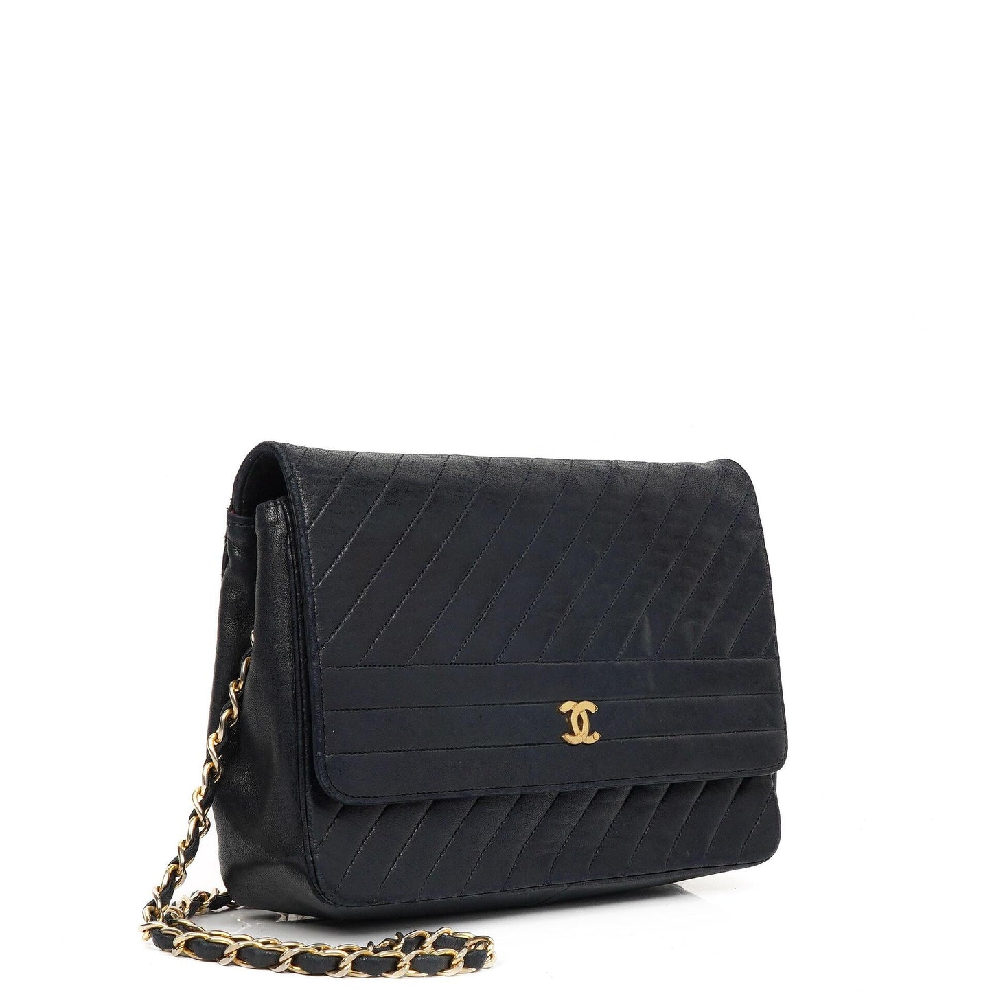 Chanel Diagonal Medium Classic Navy Quilted Lambskin Single Flap Bag With 24K Gold-Plated Hardware