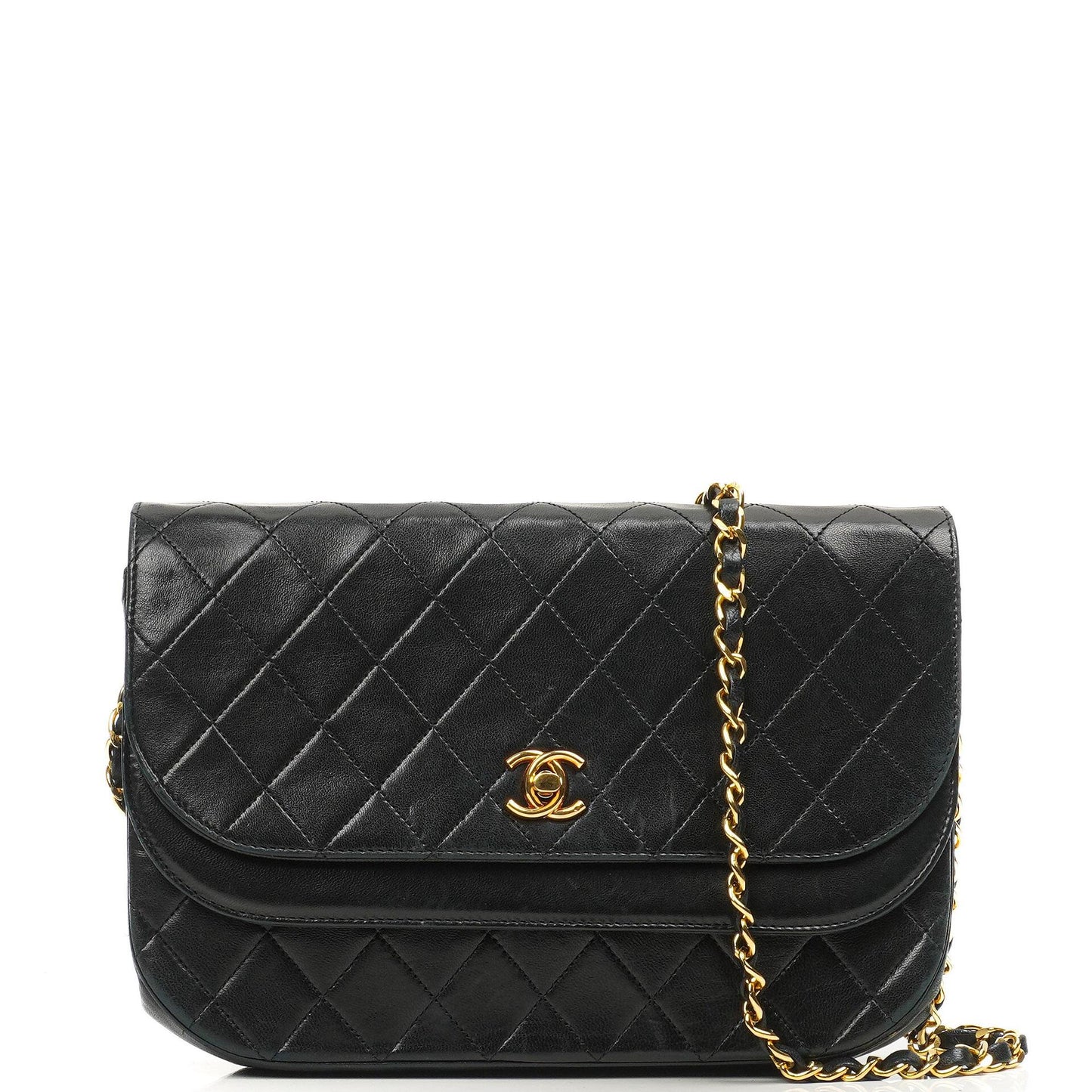 Chanel Double Flap Black Lambskin Half Moon With 24K Gold-Plated Hardware