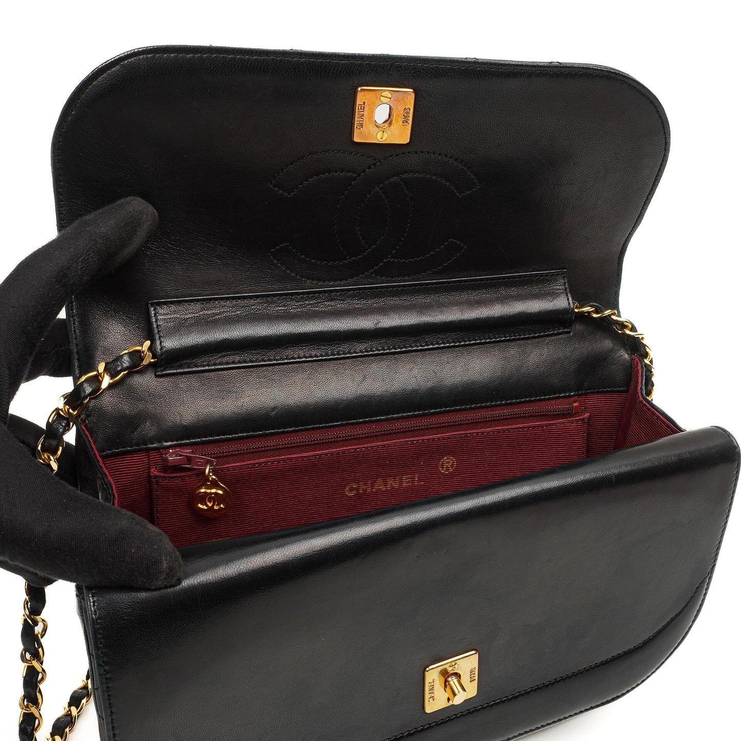 Chanel Double Flap Black Lambskin Half Moon With 24K Gold-Plated Hardware