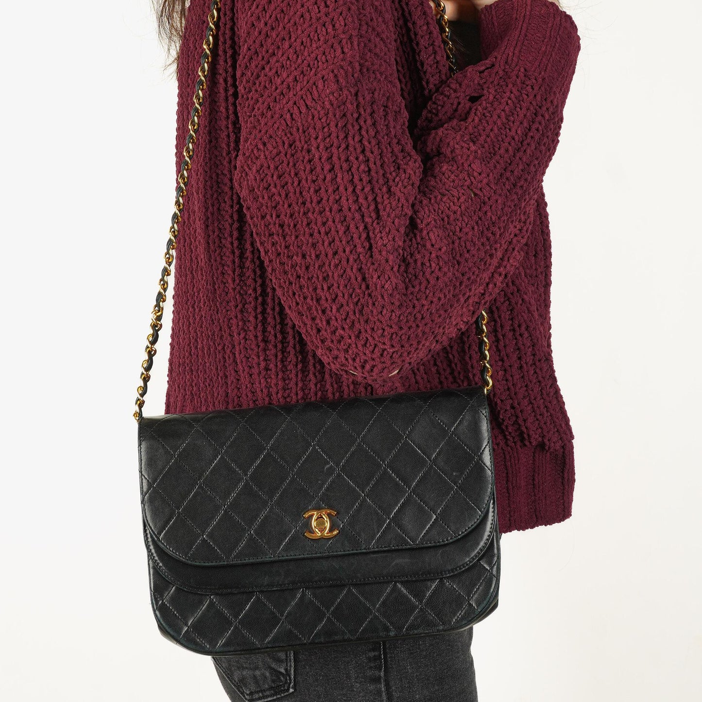 Chanel Double Flap Black Lambskin Half Moon With 24K Gold-Plated Hardware