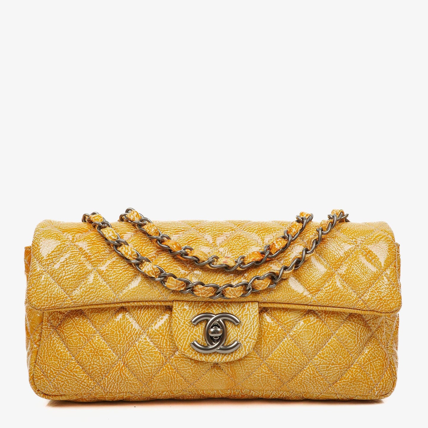 Chanel East West Crinkled Patent Leather Flap Bag