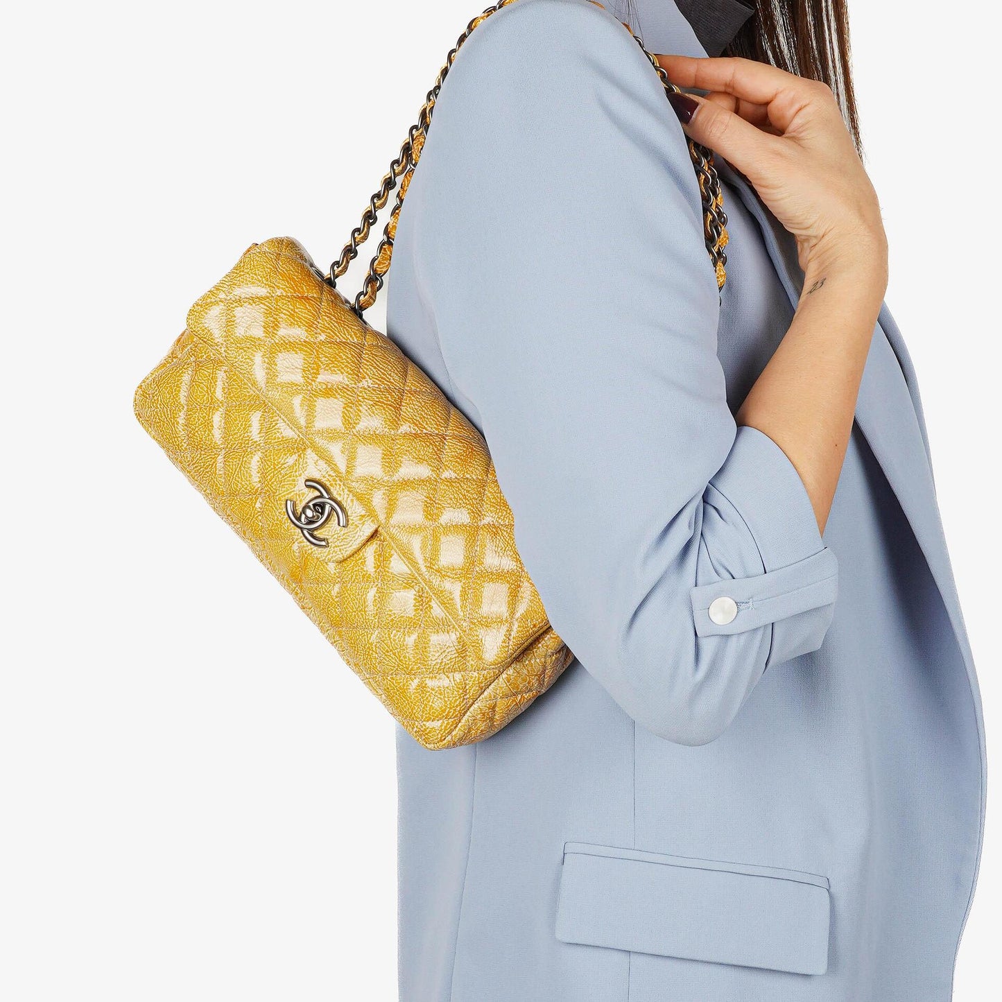 Chanel East West Crinkled Patent Leather Flap Bag