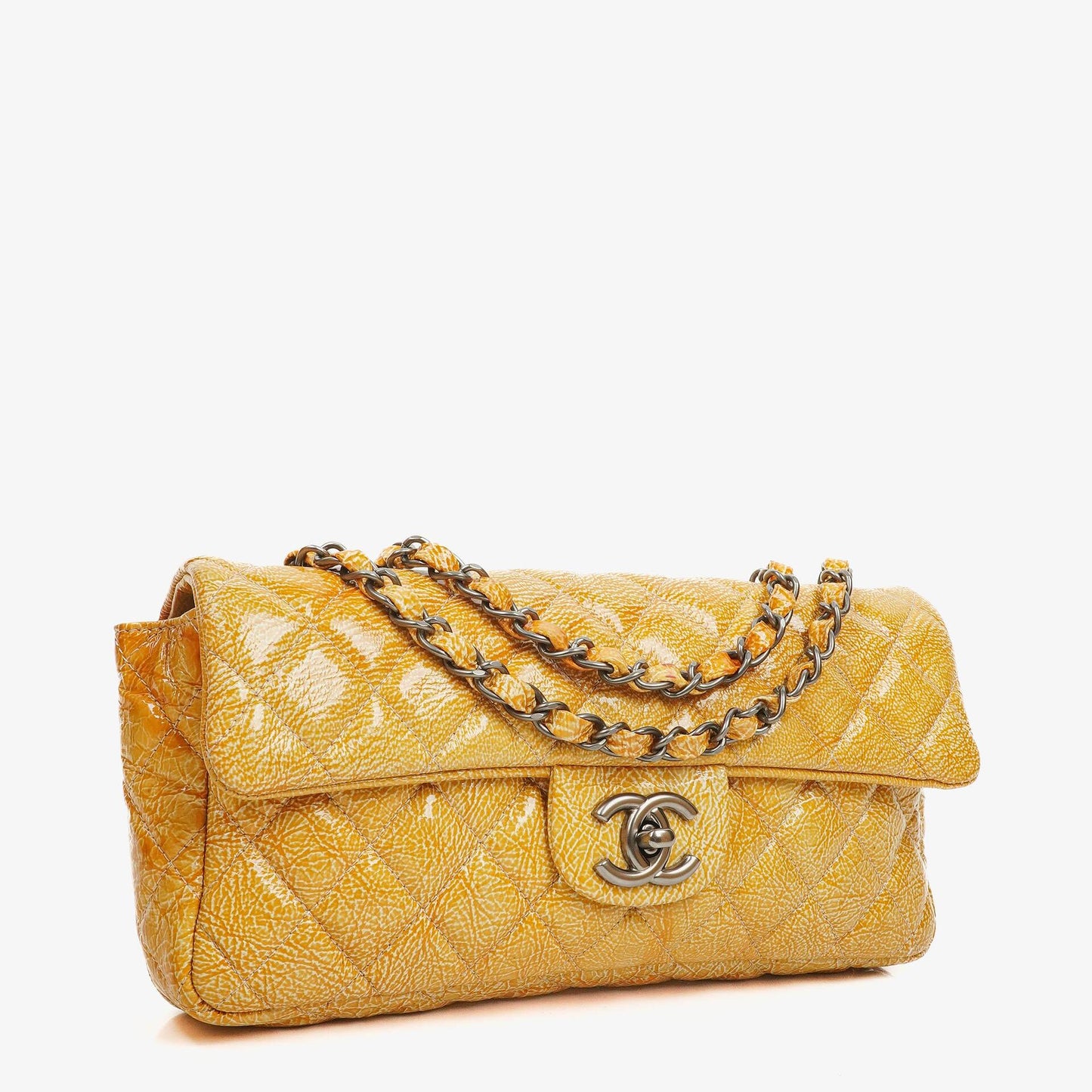 Chanel East West Crinkled Patent Leather Flap Bag