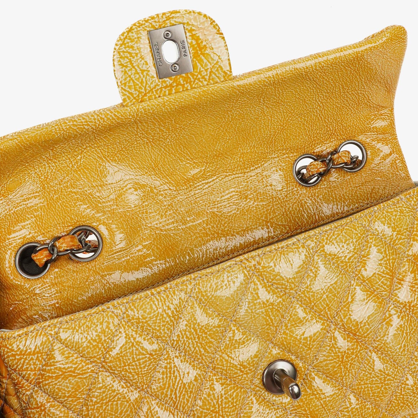 Chanel East West Crinkled Patent Leather Flap Bag