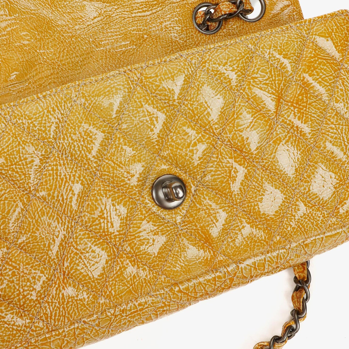 Chanel East West Crinkled Patent Leather Flap Bag