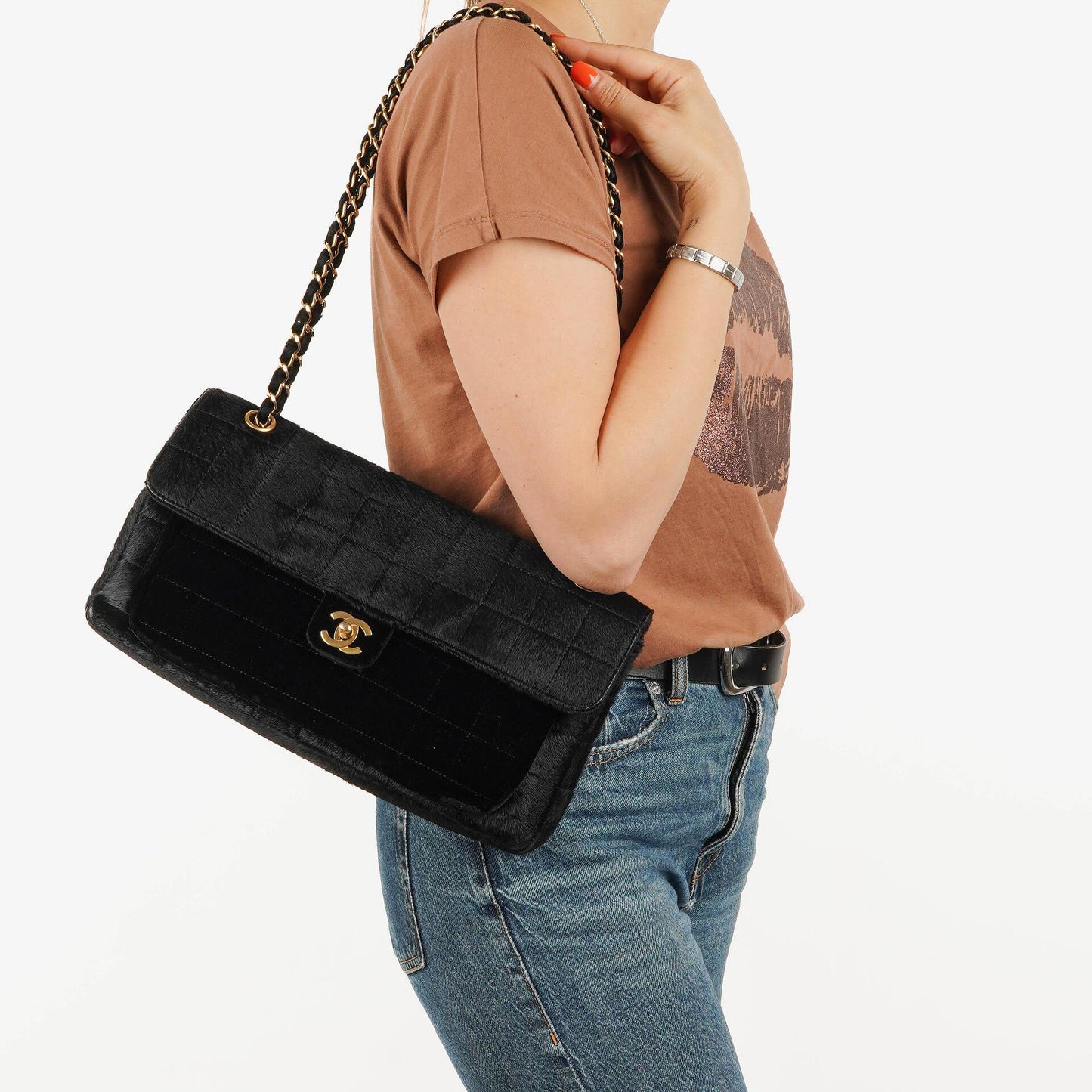 Chanel East West Pony Hair Velvet Chocolate Bar Flap Bag With Gold - Tone Hardware