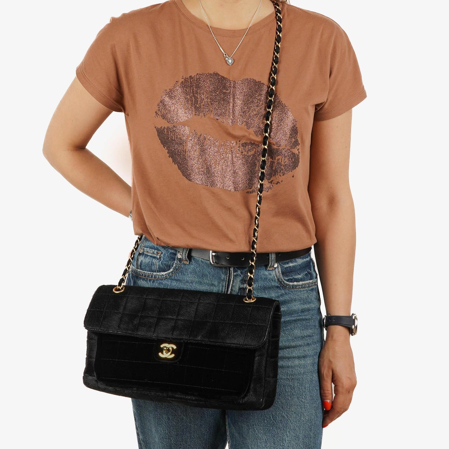Chanel East West Pony Hair Velvet Chocolate Bar Flap Bag With Gold - Tone Hardware