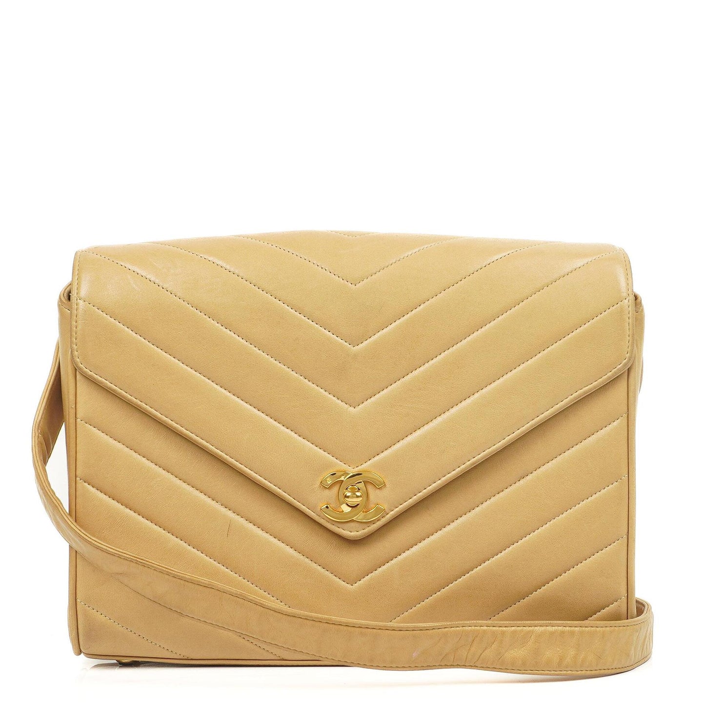 Chanel Envelope Beige Chevron Quilted Crossbody Bag With 24K Gold-Plated Hardware