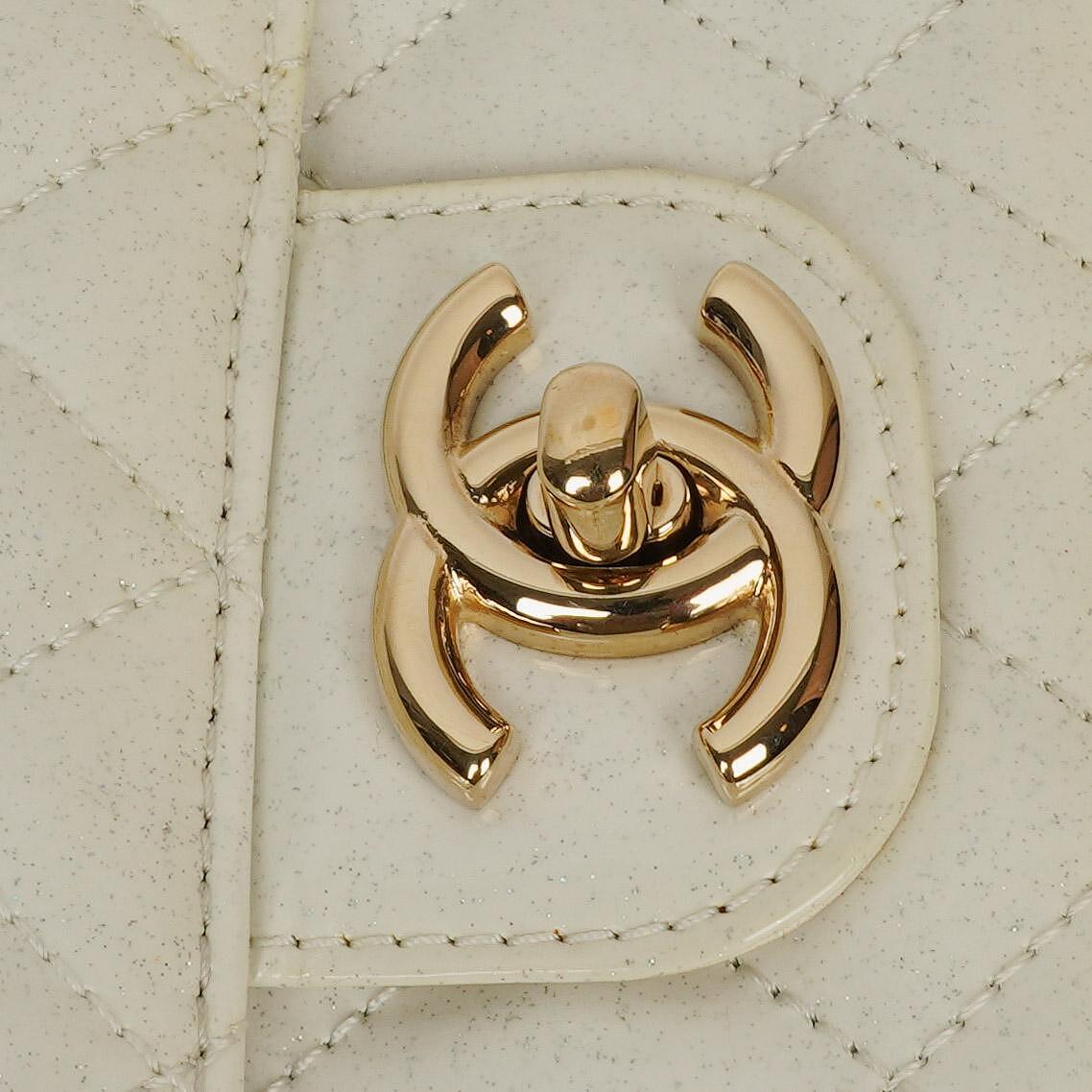 Chanel Evening Star East West White Quilted Patent Leather Flap Bag