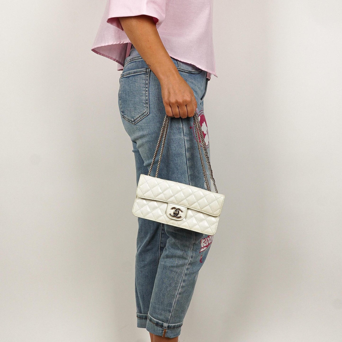 Chanel Evening Star East West White Quilted Patent Leather Flap Bag