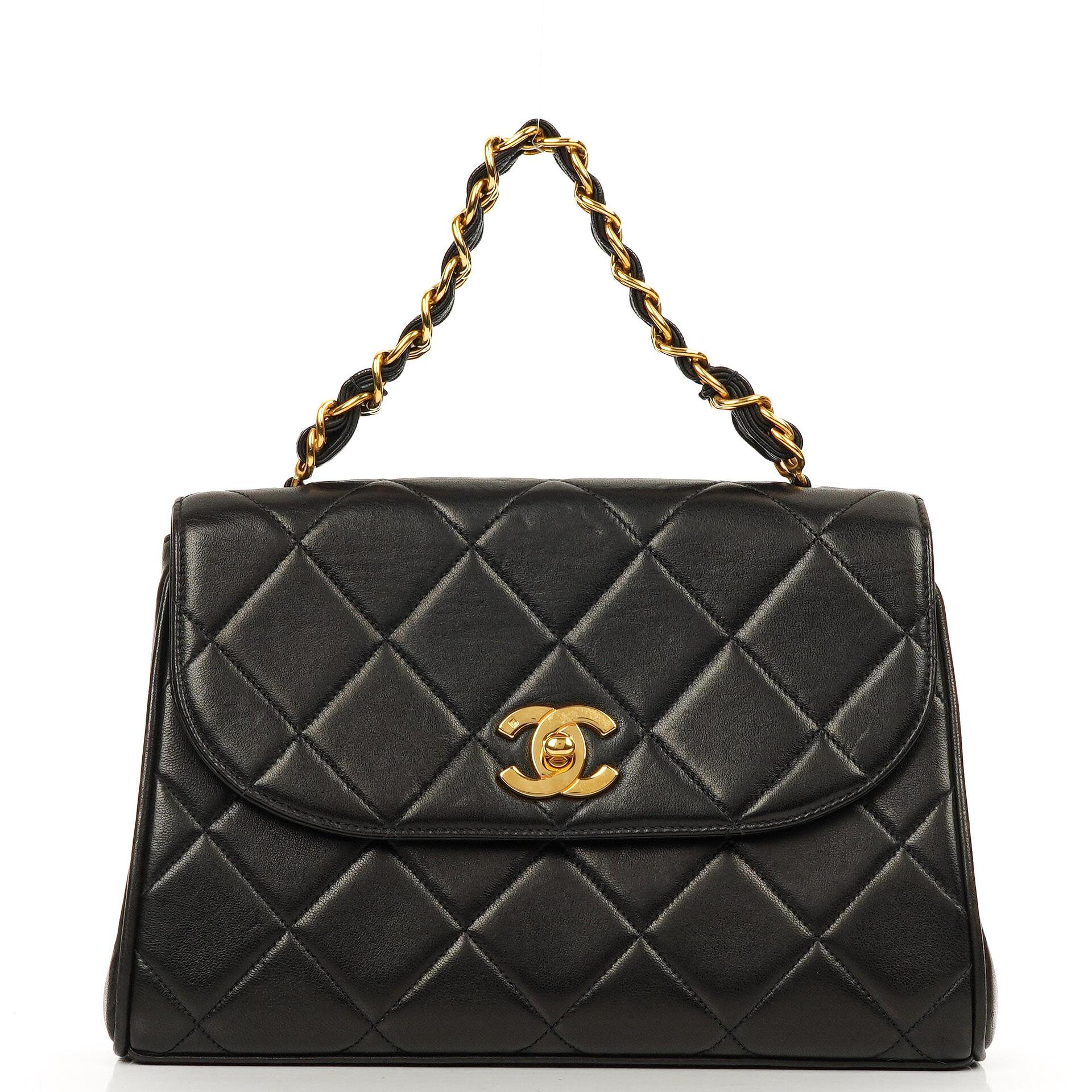 Chanel Flap Bag In Black Quilted Lambskin With Chain Top Handle And 24K Gold-Plated Hardware, 1994-1996