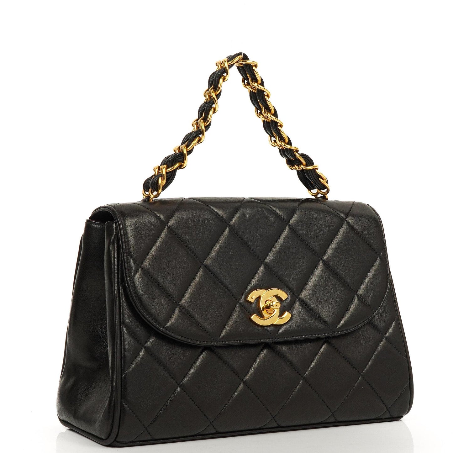 Chanel Flap Bag In Black Quilted Lambskin With Chain Top Handle And 24K Gold-Plated Hardware, 1994-1996