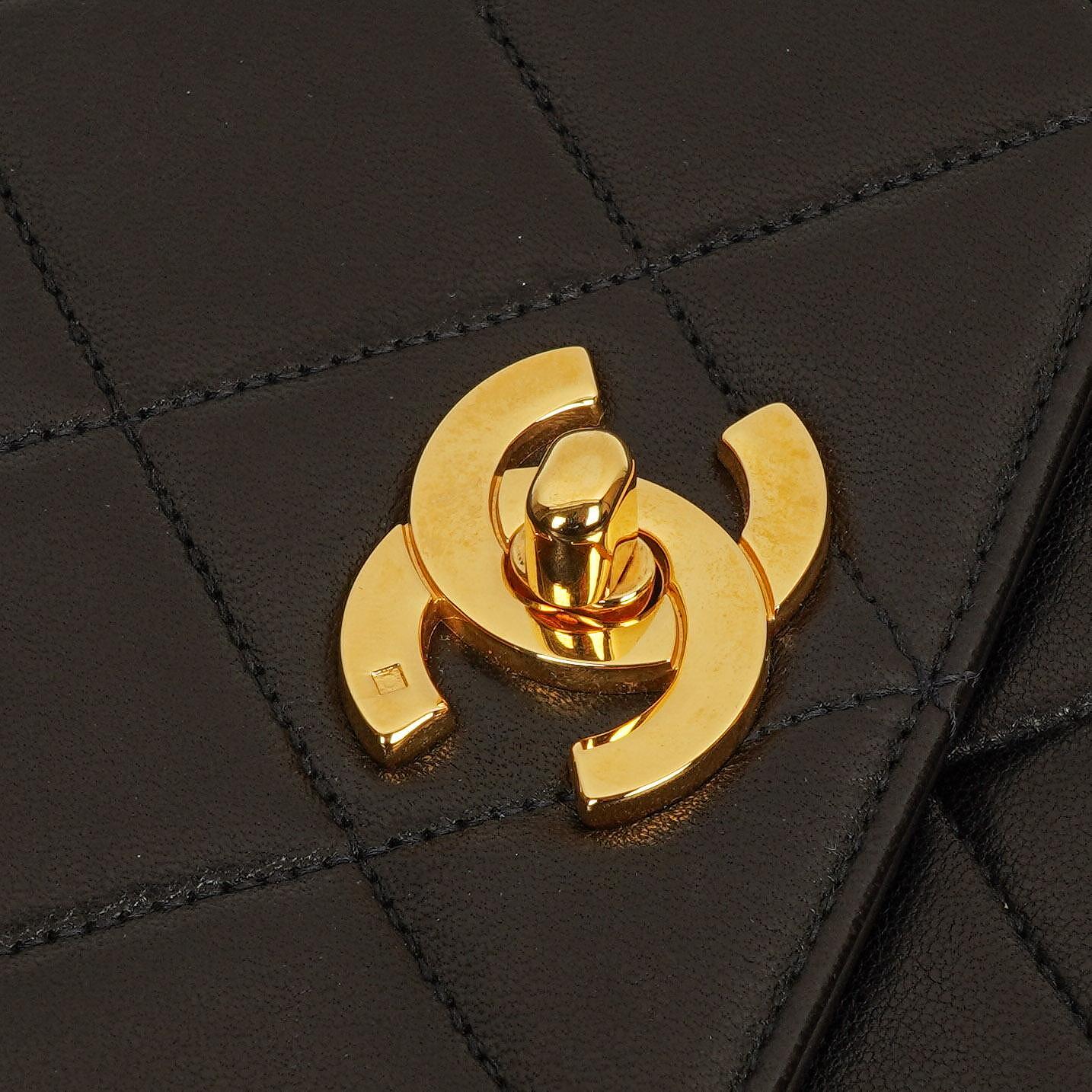Chanel Flap Bag In Black Quilted Lambskin With Chain Top Handle And 24K Gold-Plated Hardware, 1994-1996