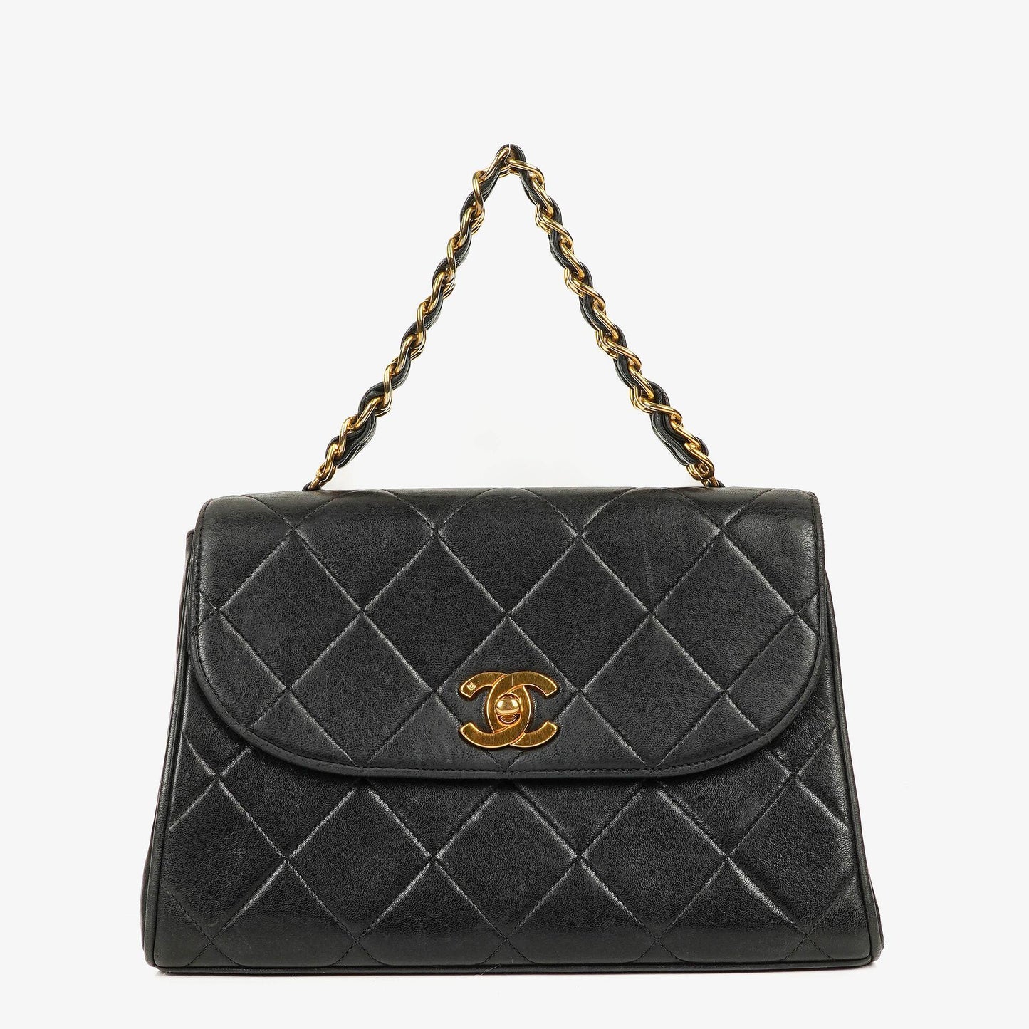 Chanel Flap Bag In Black Quilted Lambskin With Chain Top Handle And 24K Gold-Plated Hardware