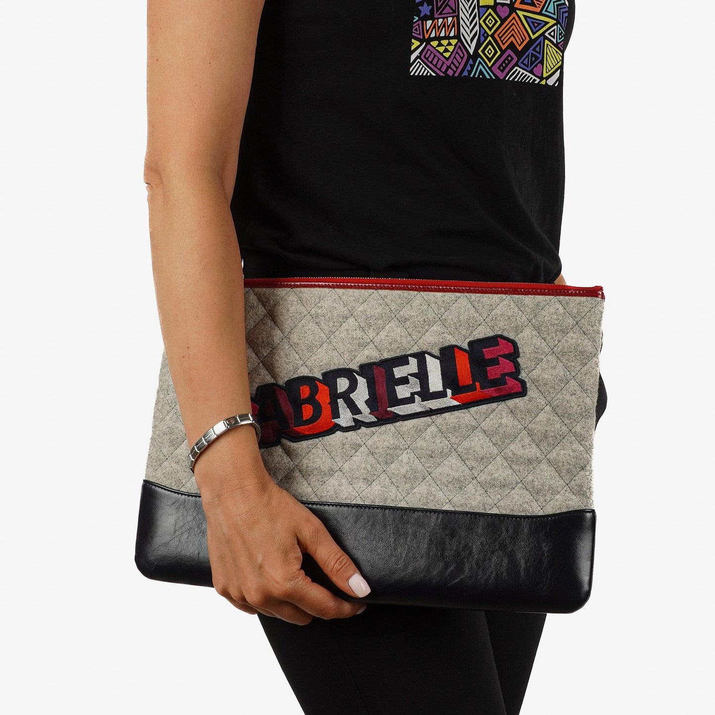 Chanel Gabrielle Pouch Clutch In Grey Quilted Wool And Navy Calfskin