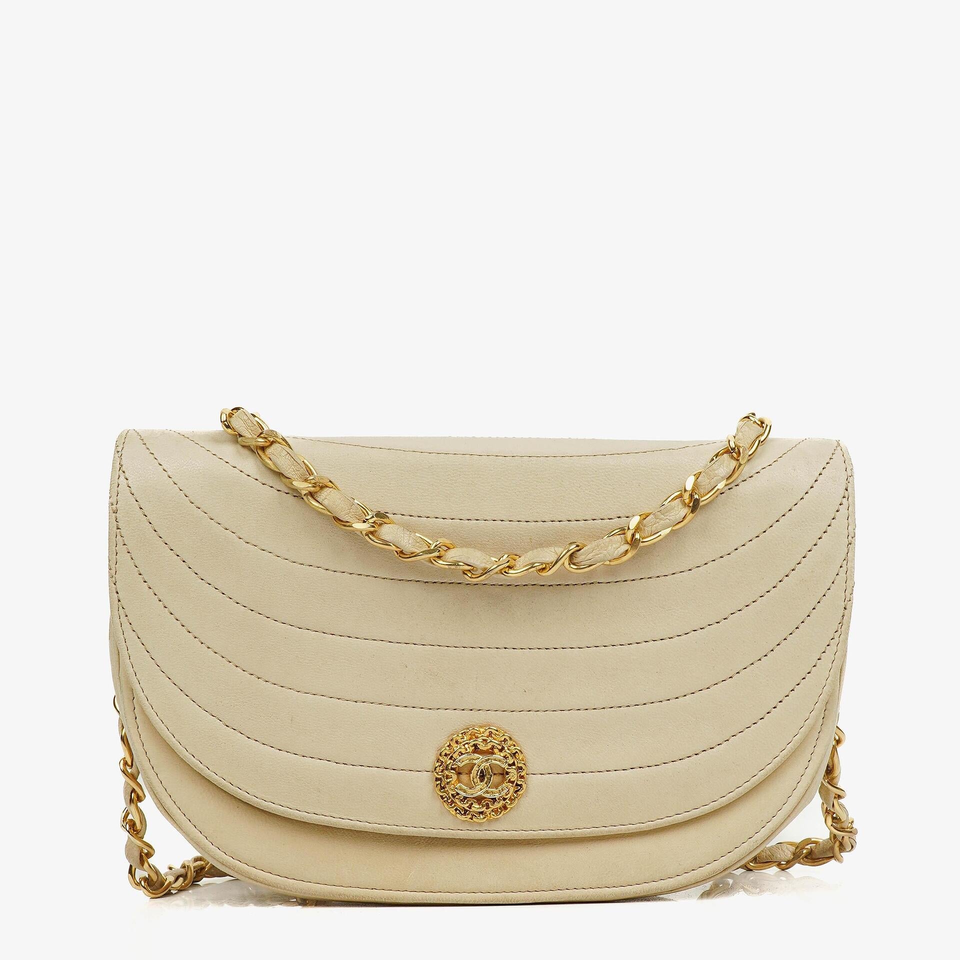 Chanel Half-Moon Flap Bag In Beige Quilted Lambskin