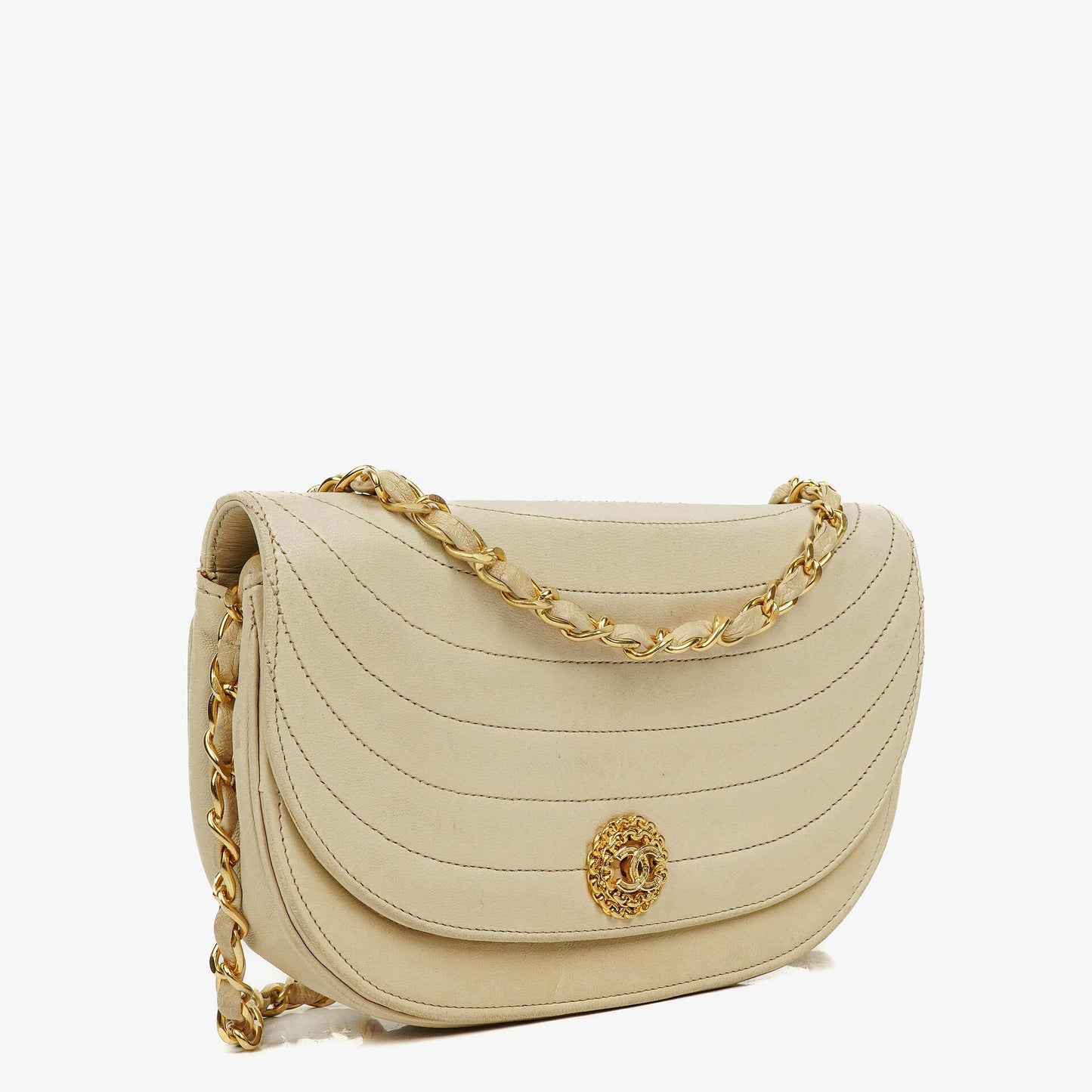 Chanel Half-Moon Flap Bag In Beige Quilted Lambskin