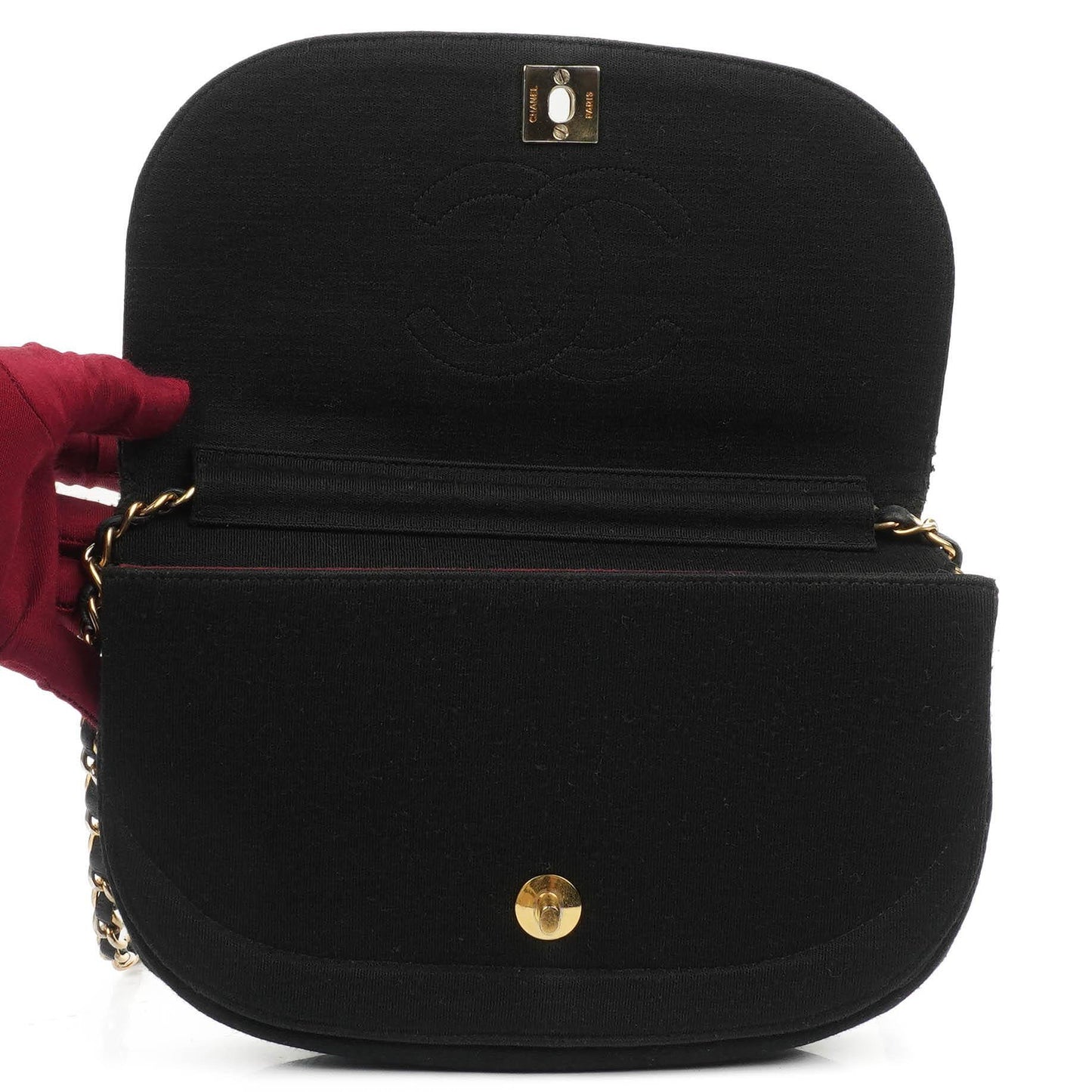 Chanel Half-Moon Flap Bag In Black Quilted Jersey And 24K Gold-Plated Hardware