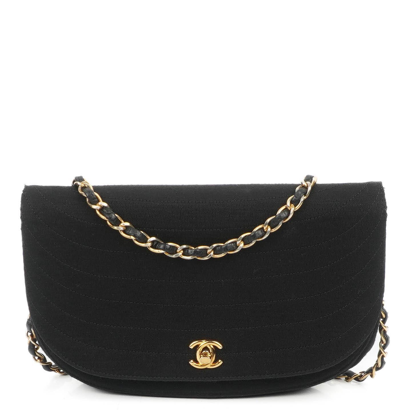 Chanel Half-Moon Flap Bag In Black Quilted Jersey And 24K Gold-Plated Hardware