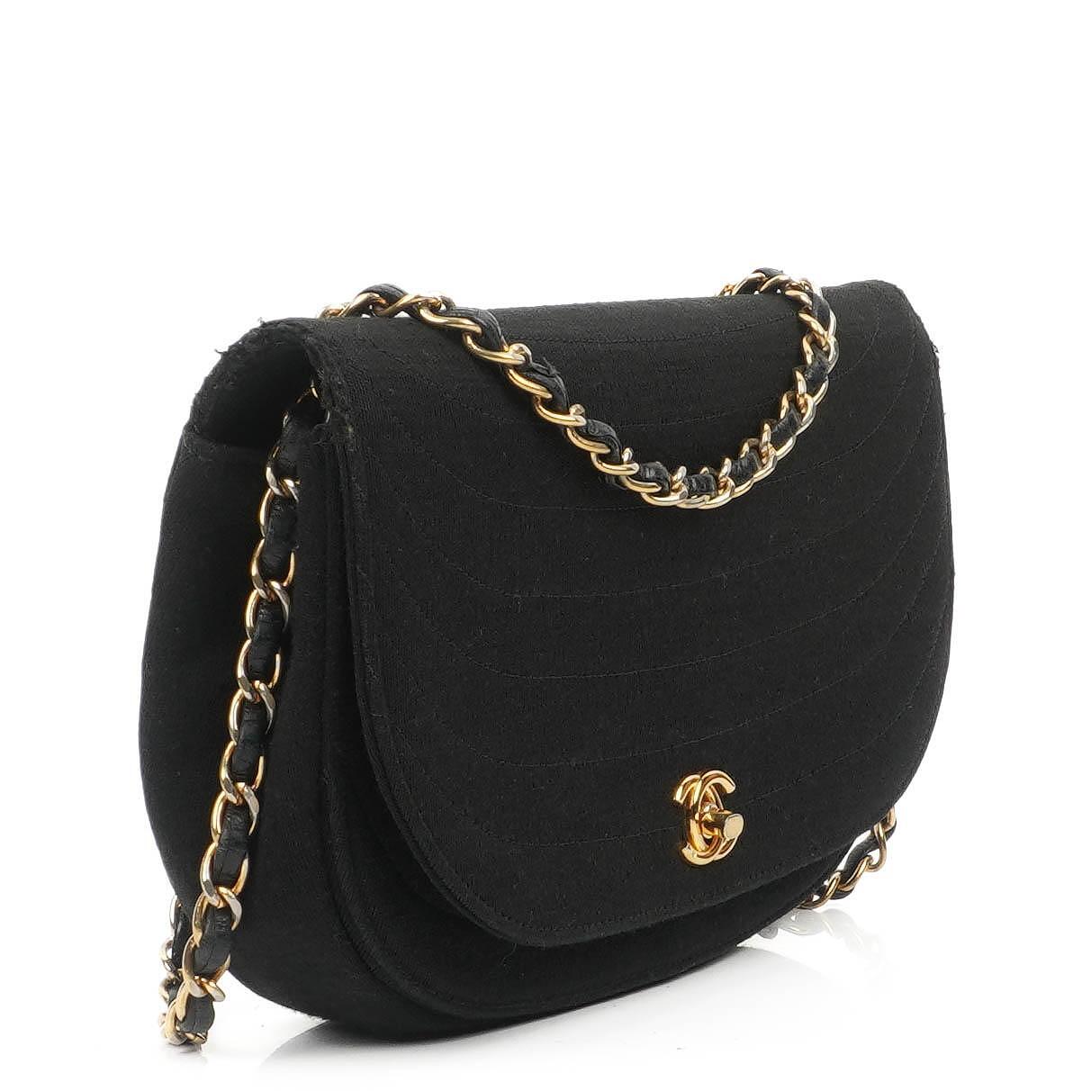 Chanel Half-Moon Flap Bag In Black Quilted Jersey And 24K Gold-Plated Hardware