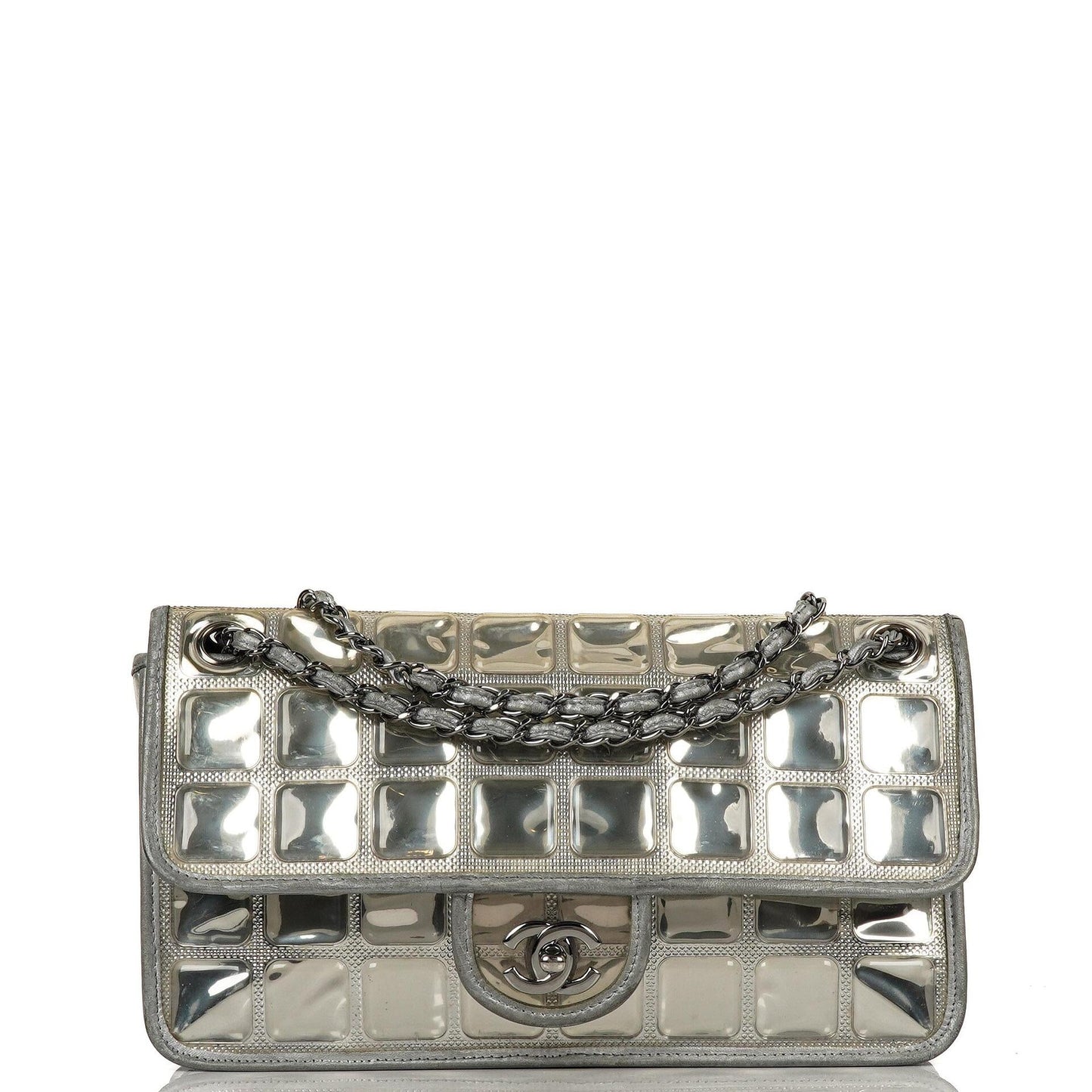 Chanel Large Ice Cube Flap Bag Mirrored Vinyl And Silver Metallic Leather With Silver-Tone Hardware