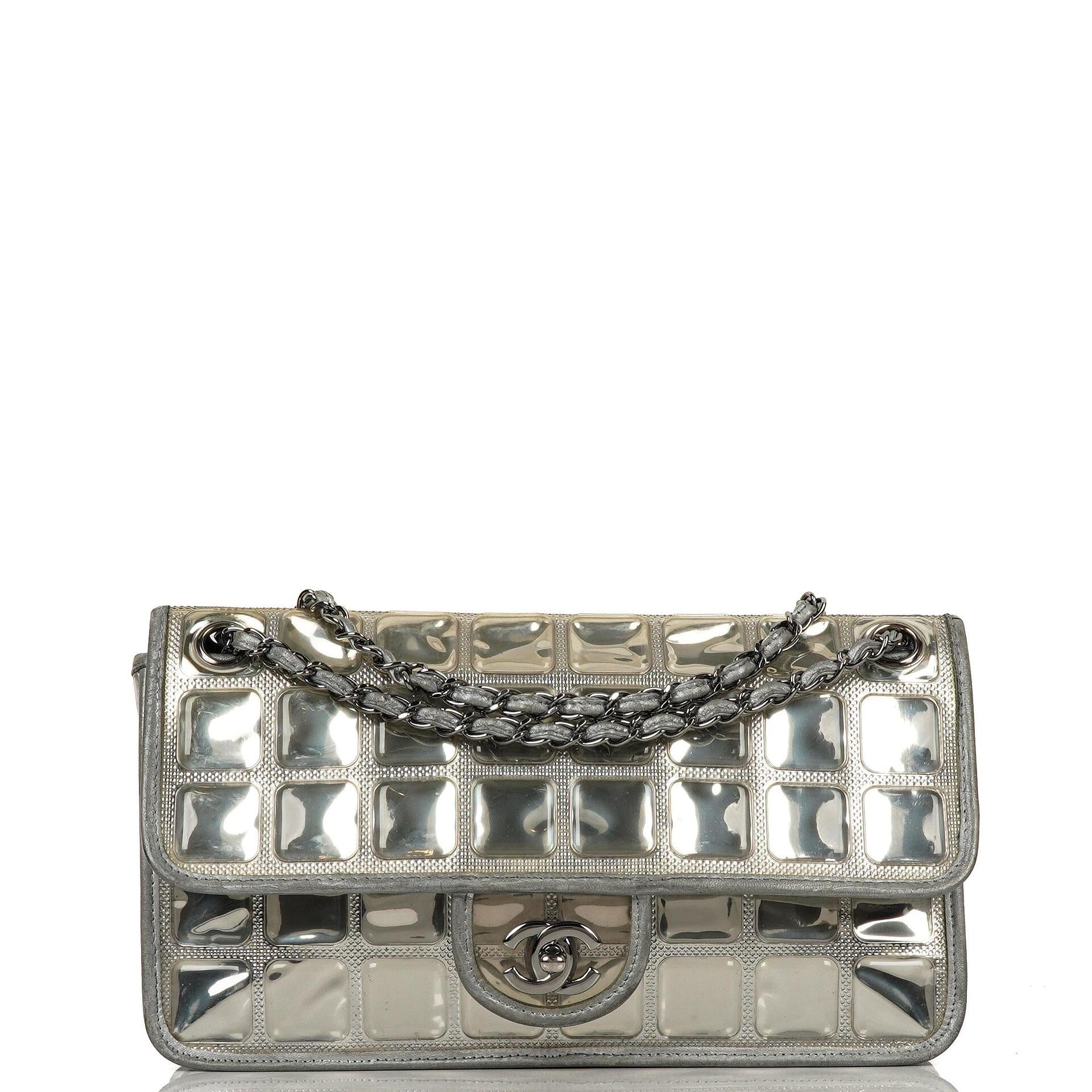 Chanel Large Ice Cube Flap Bag Mirrored Vinyl And Silver Metallic Leather With Silver-Tone Hardware